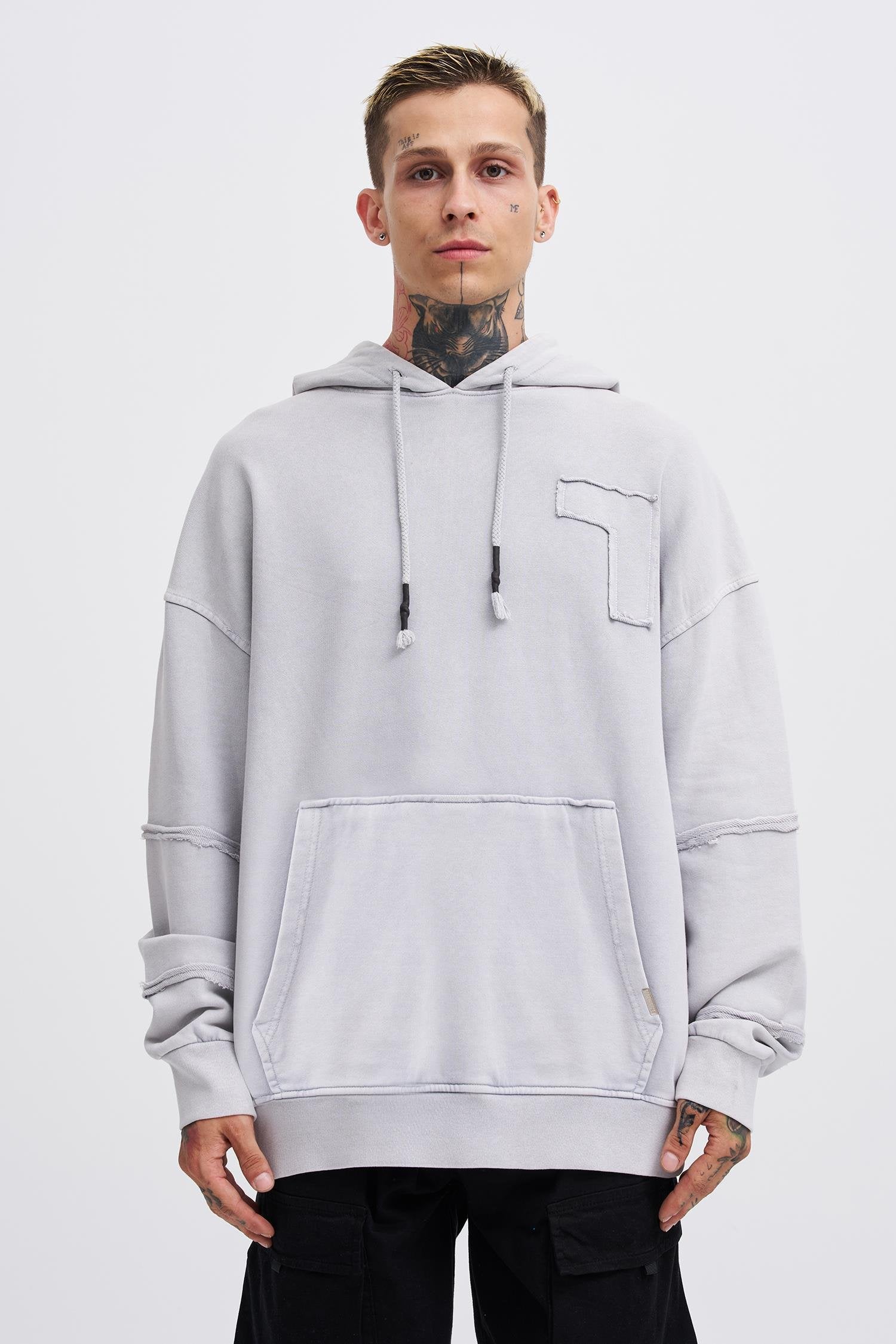 Erkek Yıkamalı No 7 Kapüşonlu Oversize Sweatshirt Gri
