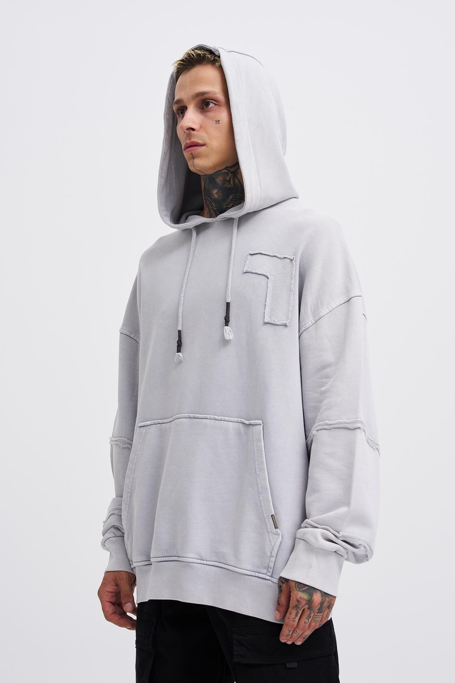 Erkek Yıkamalı No 7 Kapüşonlu Oversize Sweatshirt Gri