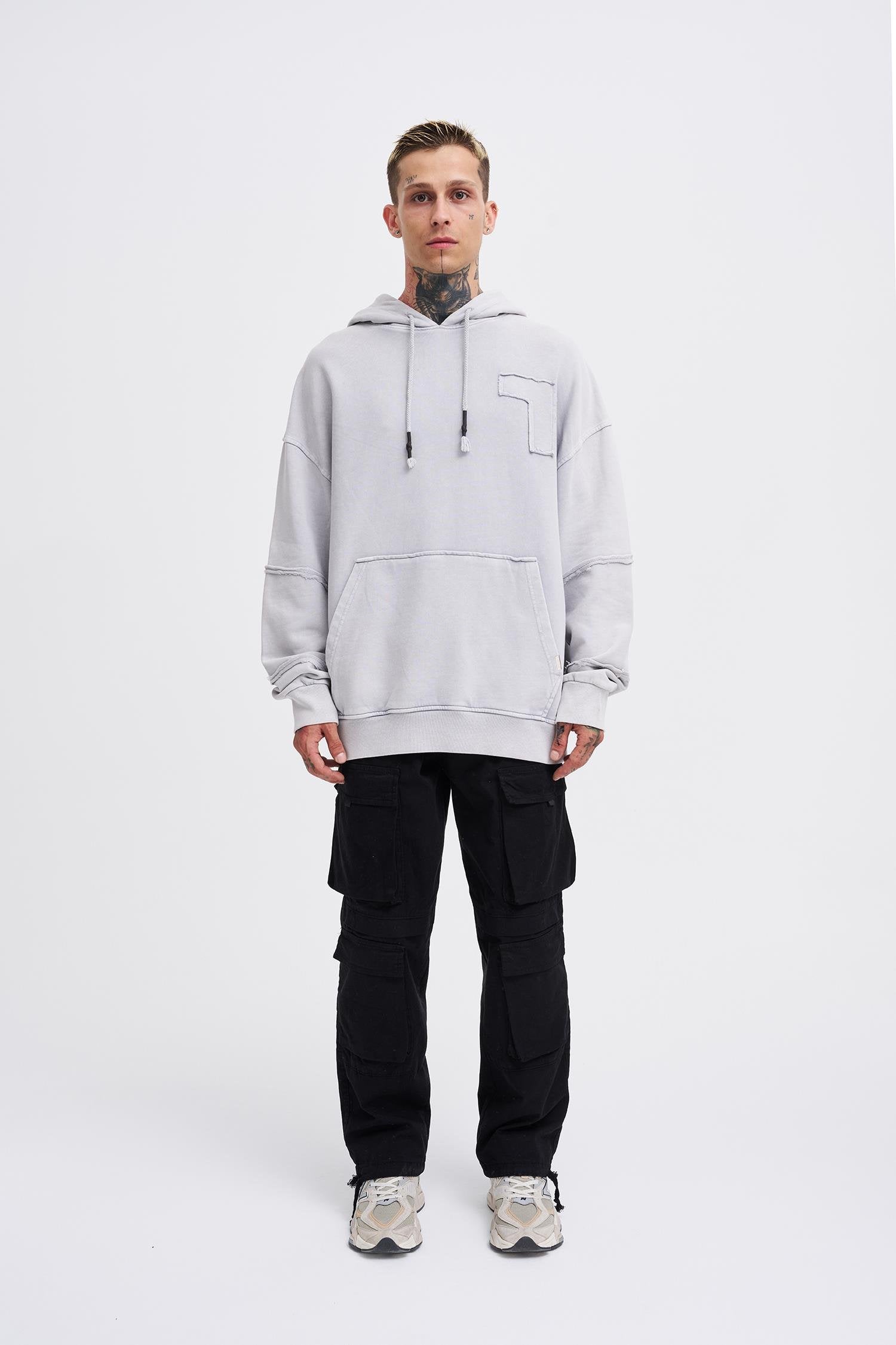 Erkek Yıkamalı No 7 Kapüşonlu Oversize Sweatshirt Gri