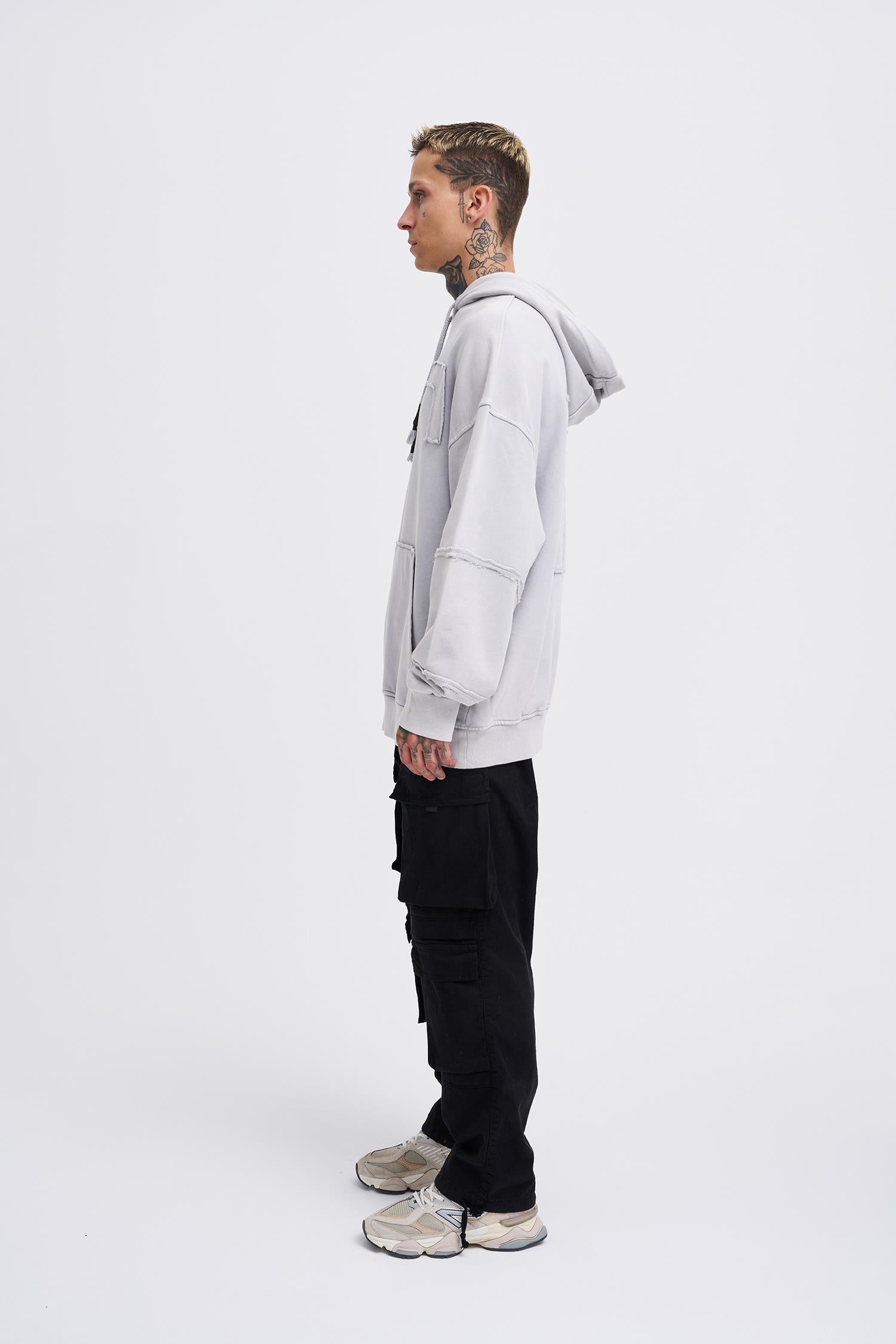 Erkek Yıkamalı No 7 Kapüşonlu Oversize Sweatshirt Gri