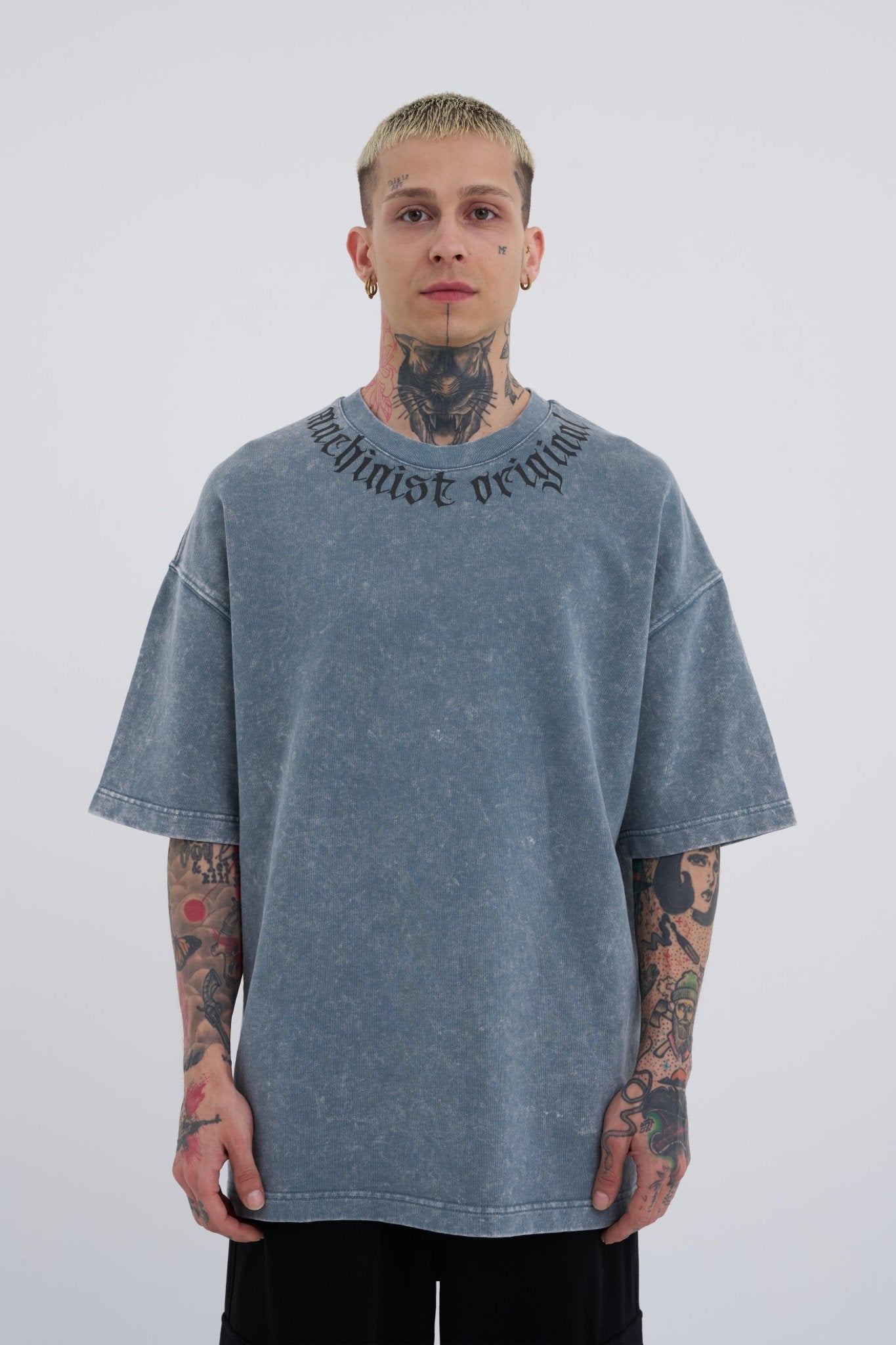 Erkek Yıkamalı Original Gothic Baskılı Oversize Tişört Gri Efektli