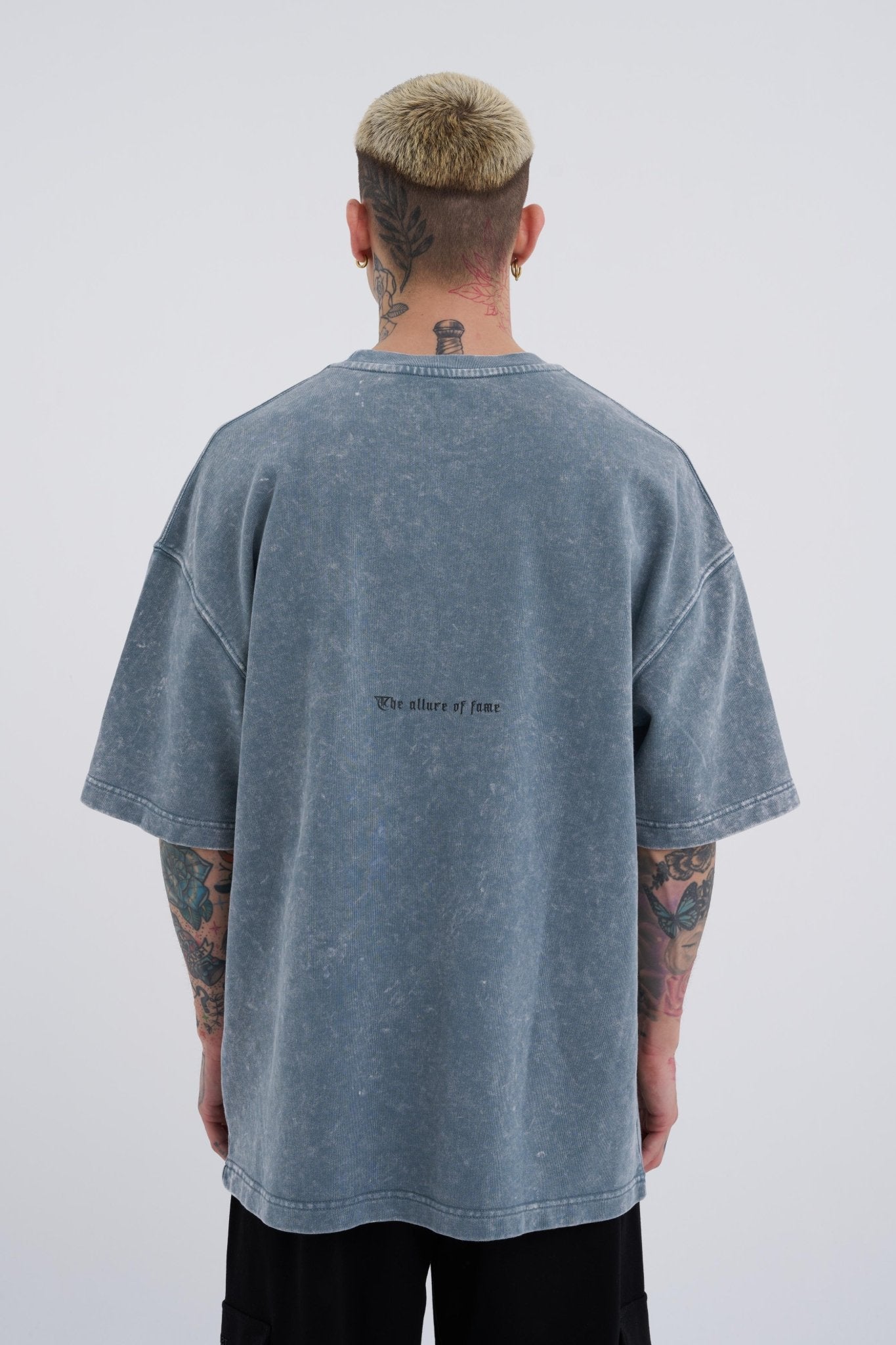 Erkek Yıkamalı Original Gothic Baskılı Oversize Tişört Gri Efektli