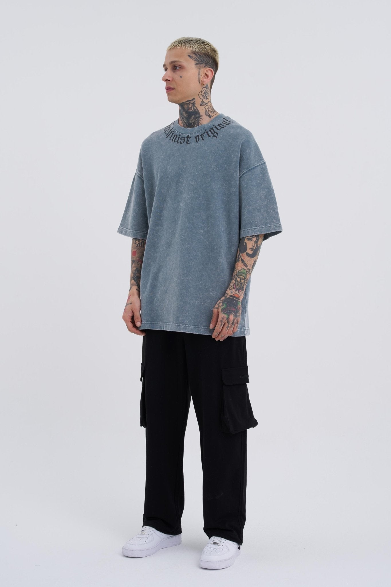 Erkek Yıkamalı Original Gothic Baskılı Oversize Tişört Gri Efektli