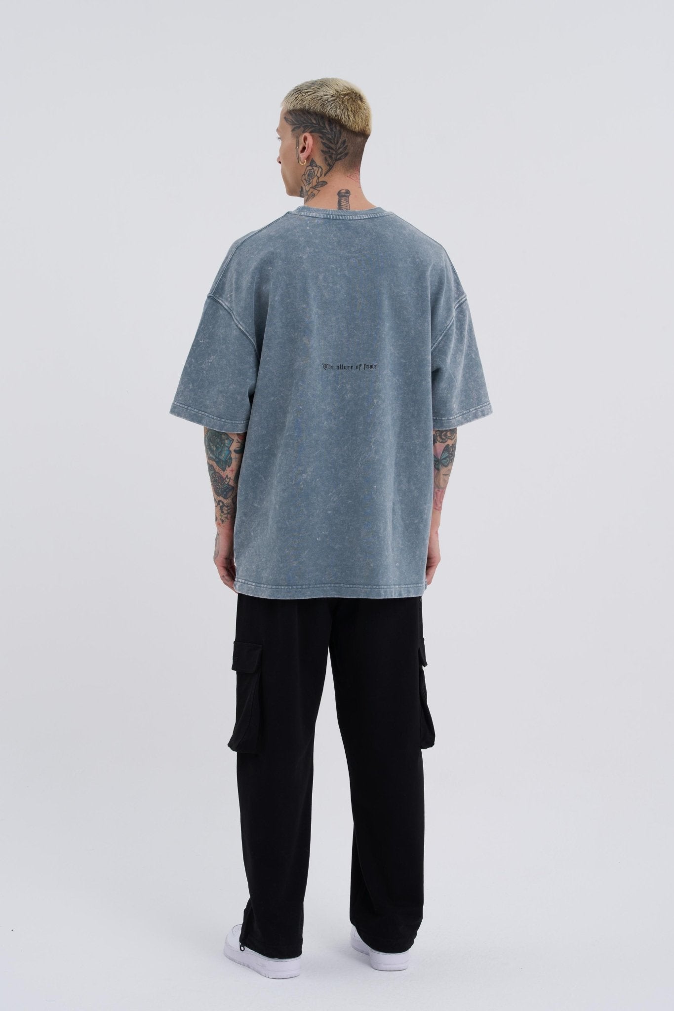 Erkek Yıkamalı Original Gothic Baskılı Oversize Tişört Gri Efektli