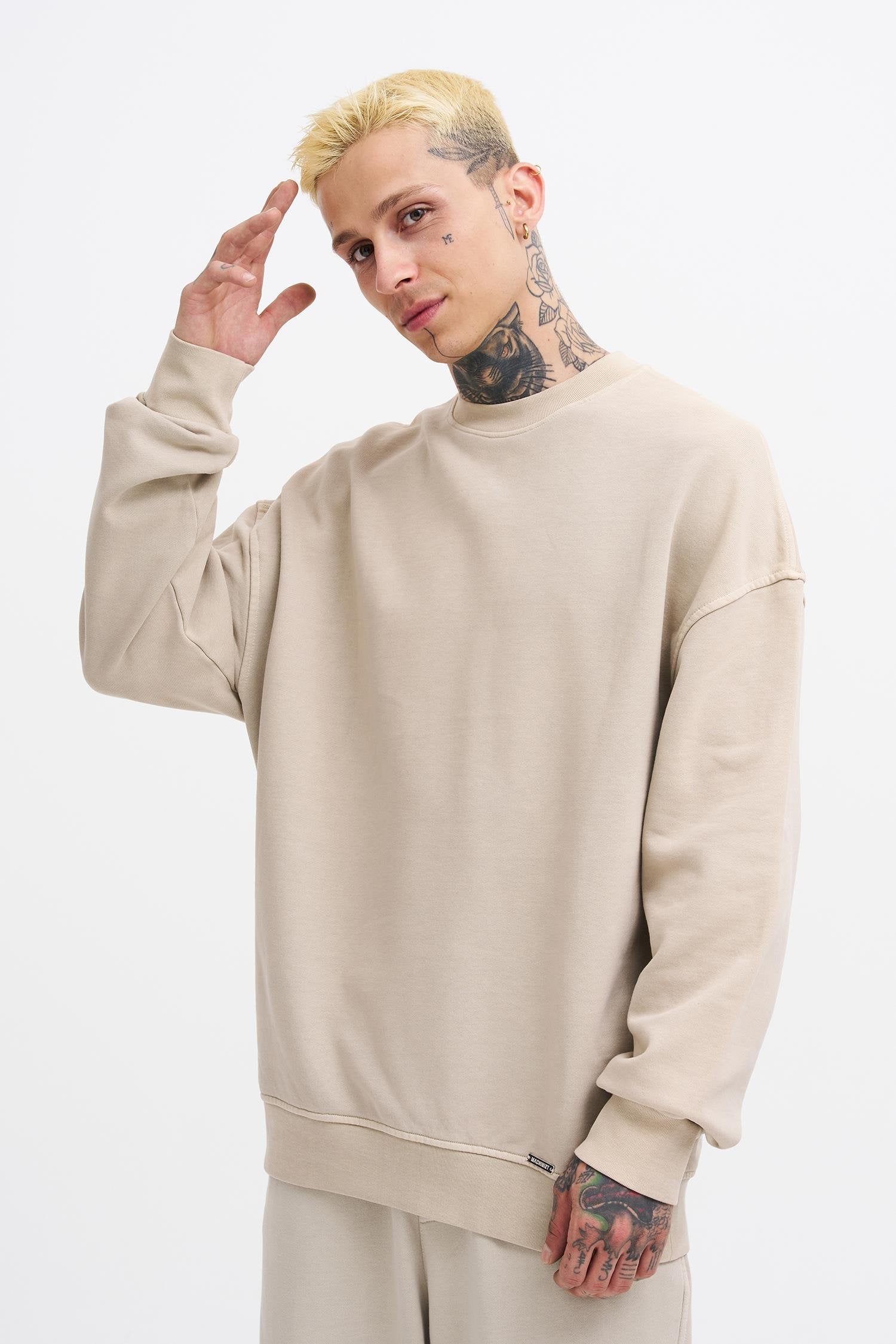 Erkek Yıkamalı Oversize Sweatshirt Açık Bej