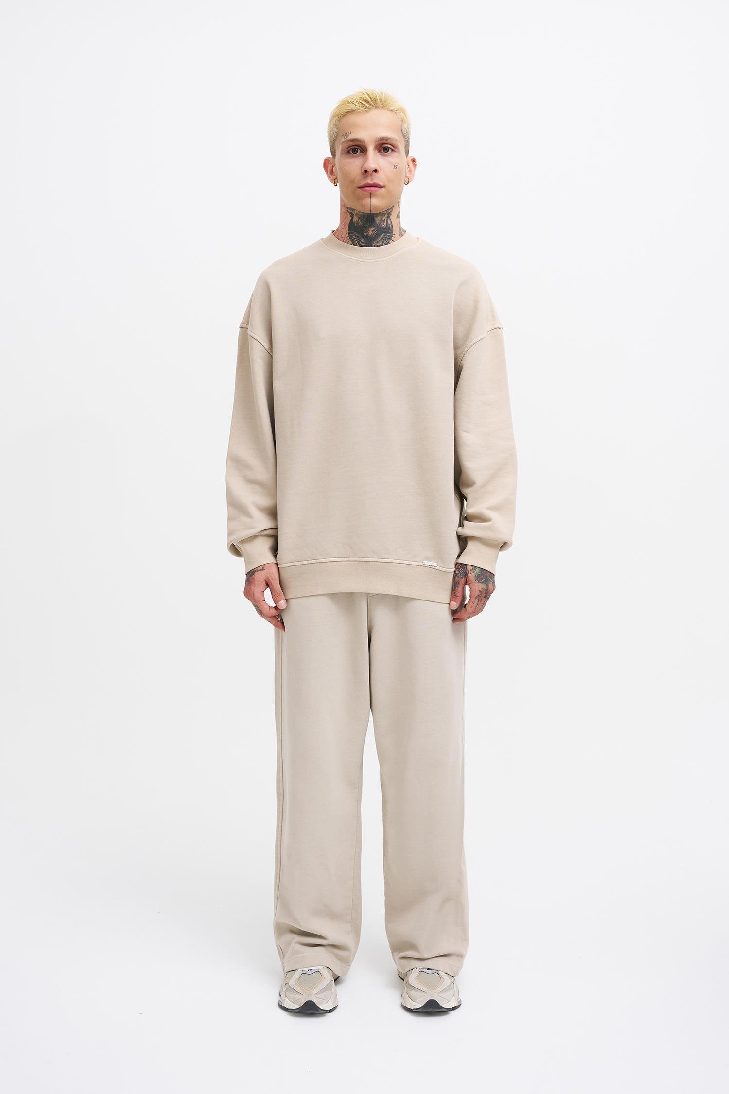 Erkek Yıkamalı Oversize Sweatshirt Açık Bej
