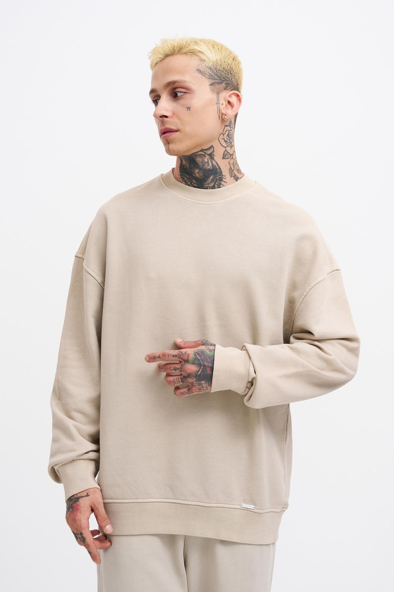 Erkek Yıkamalı Oversize Sweatshirt Açık Bej