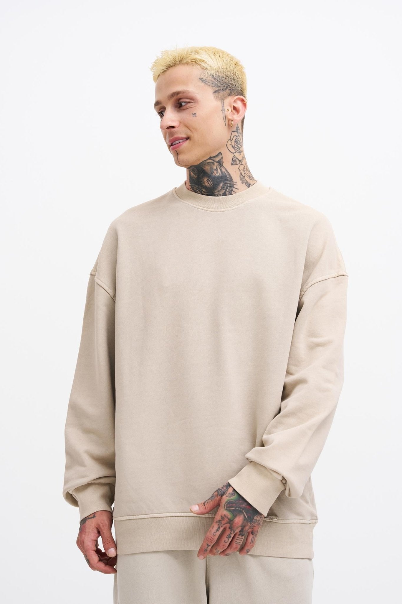 Erkek Yıkamalı Oversize Sweatshirt Açık Bej