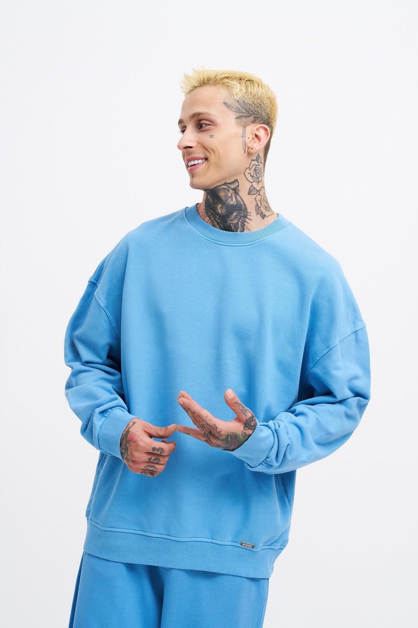 Erkek Yıkamalı Oversize Sweatshirt Açık Mavi