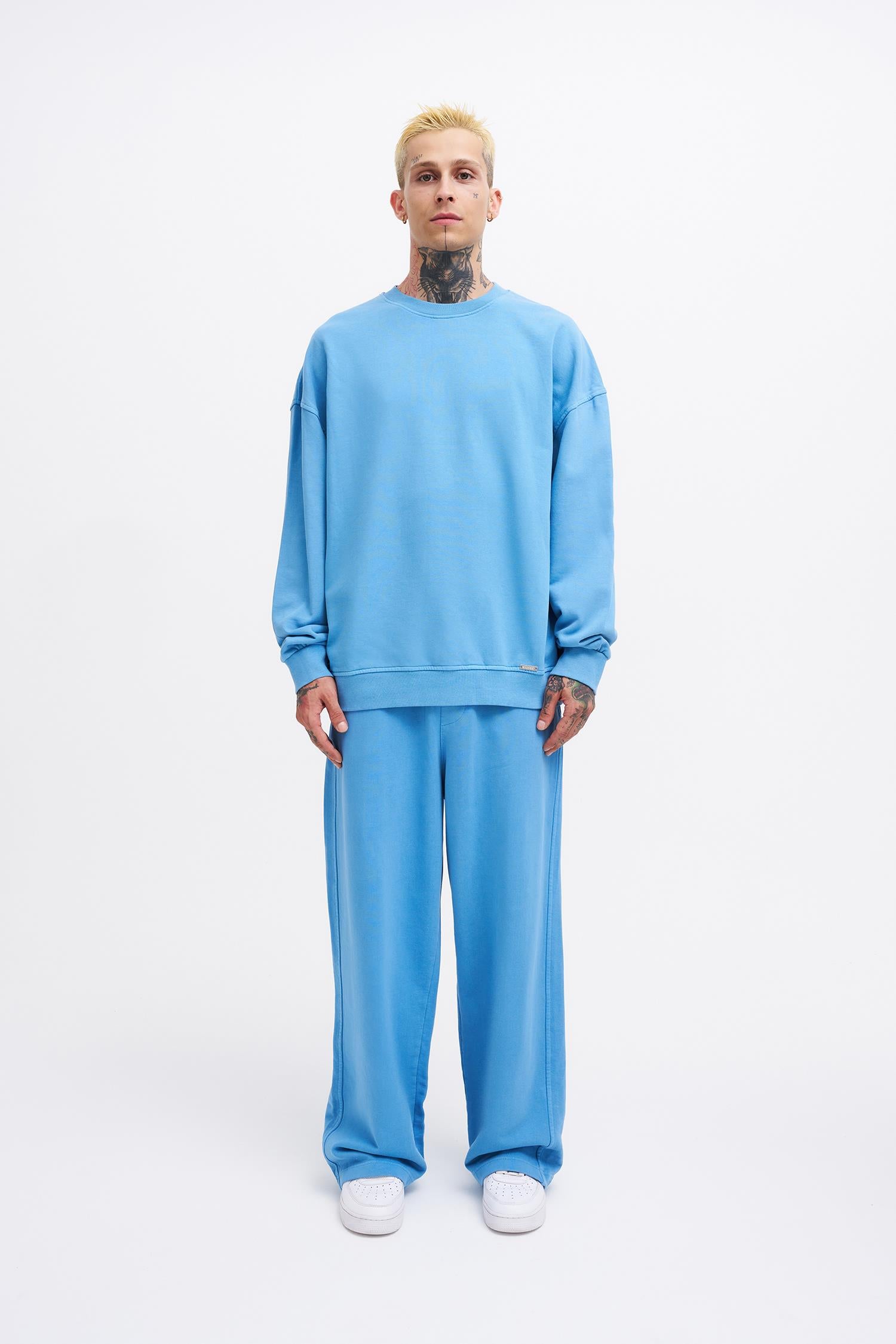 Erkek Yıkamalı Oversize Sweatshirt Açık Mavi