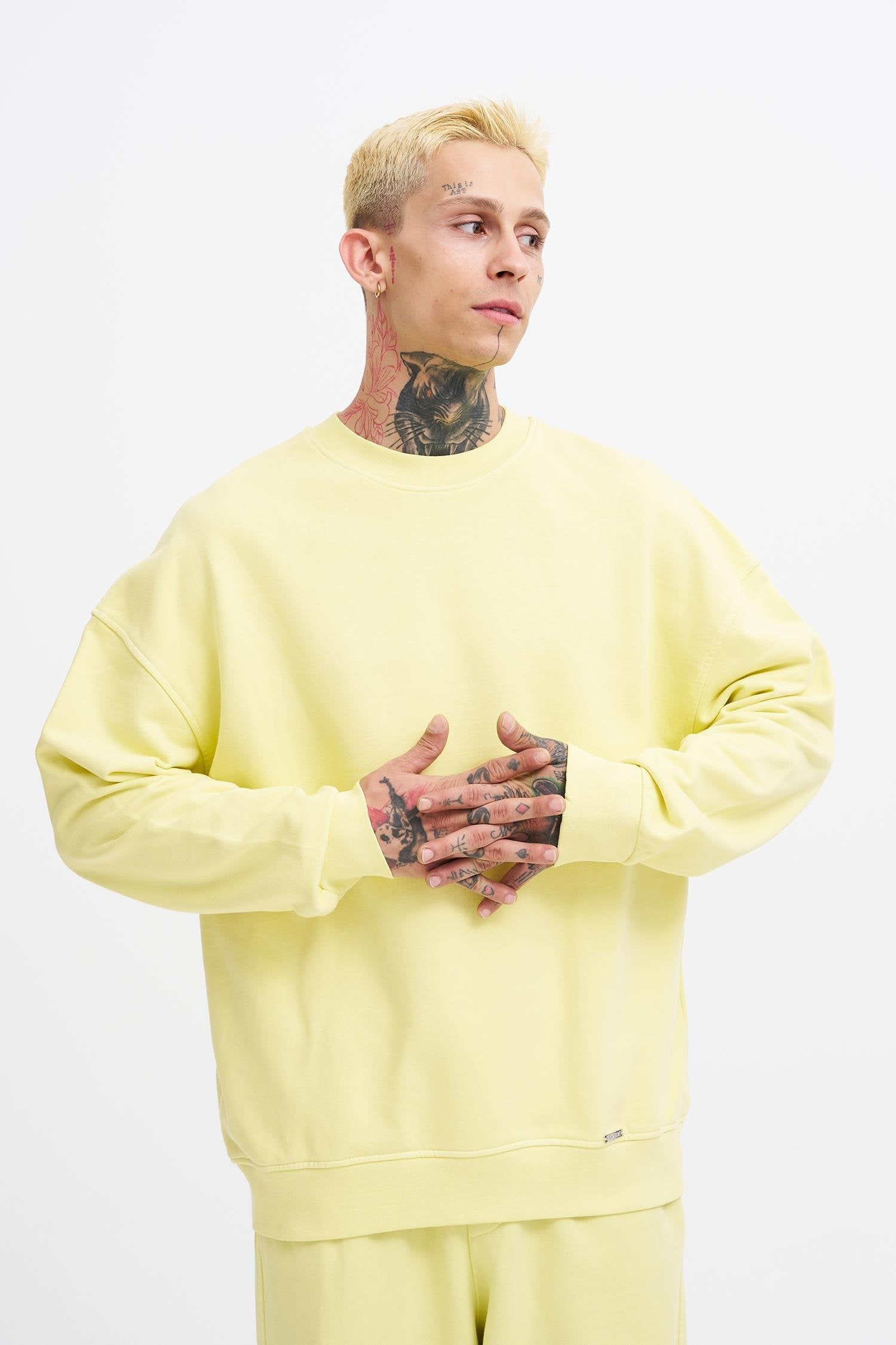 Erkek Yıkamalı Oversize Sweatshirt Açık Sarı