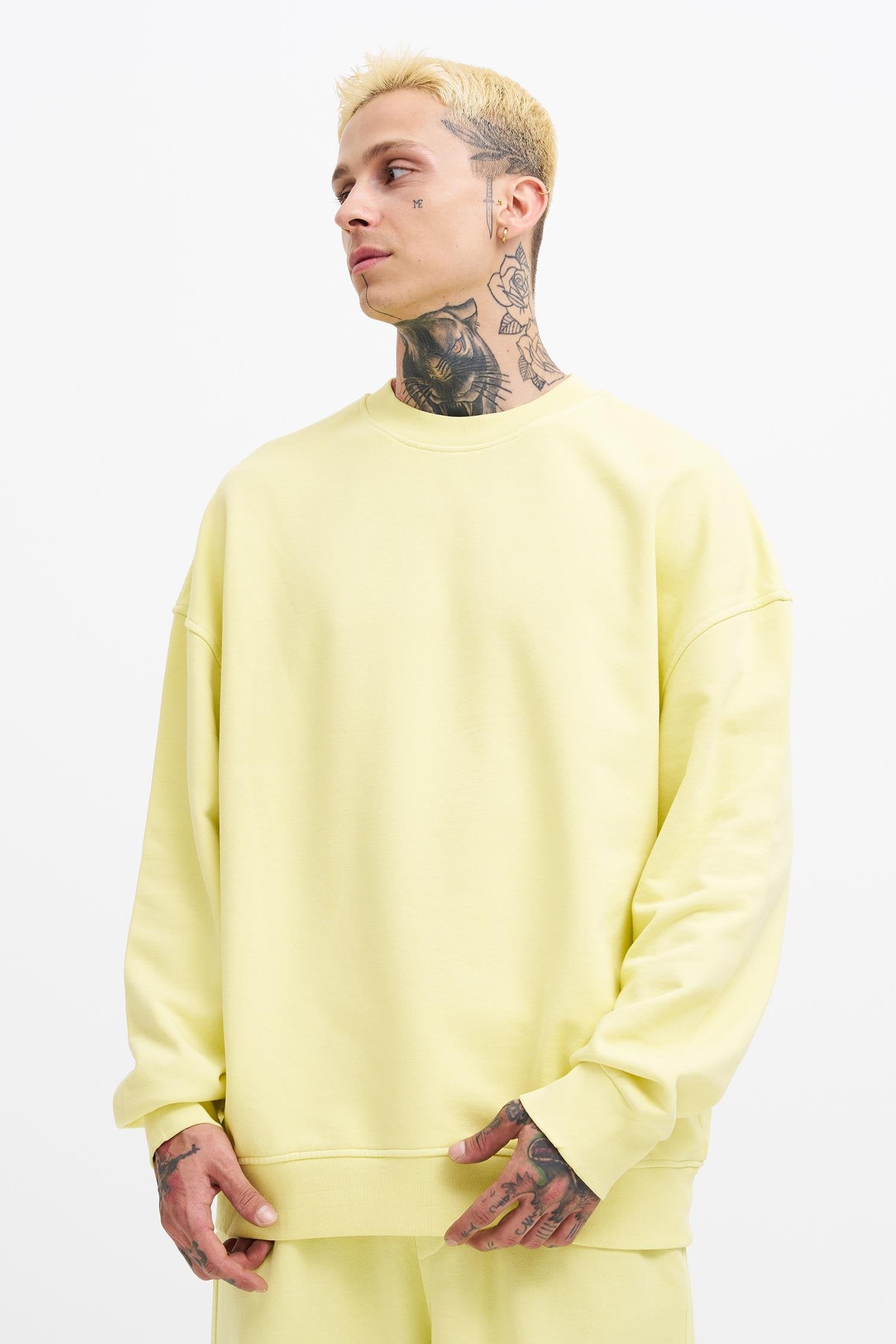 Erkek Yıkamalı Oversize Sweatshirt Açık Sarı