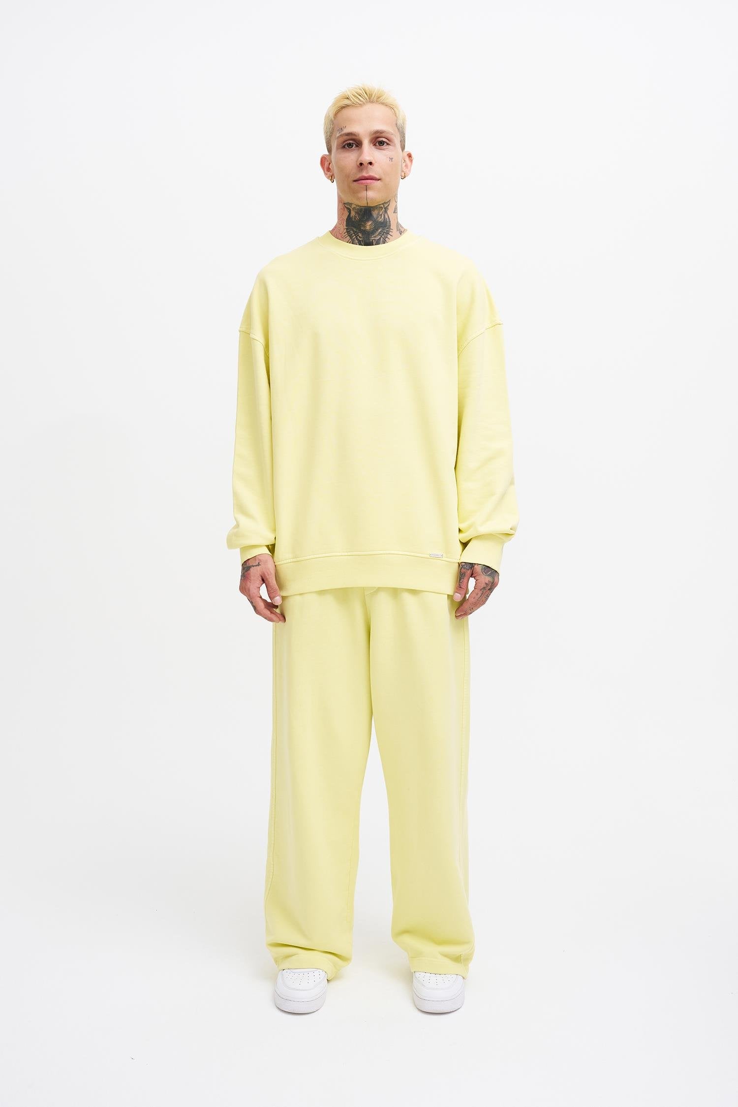 Erkek Yıkamalı Oversize Sweatshirt Açık Sarı