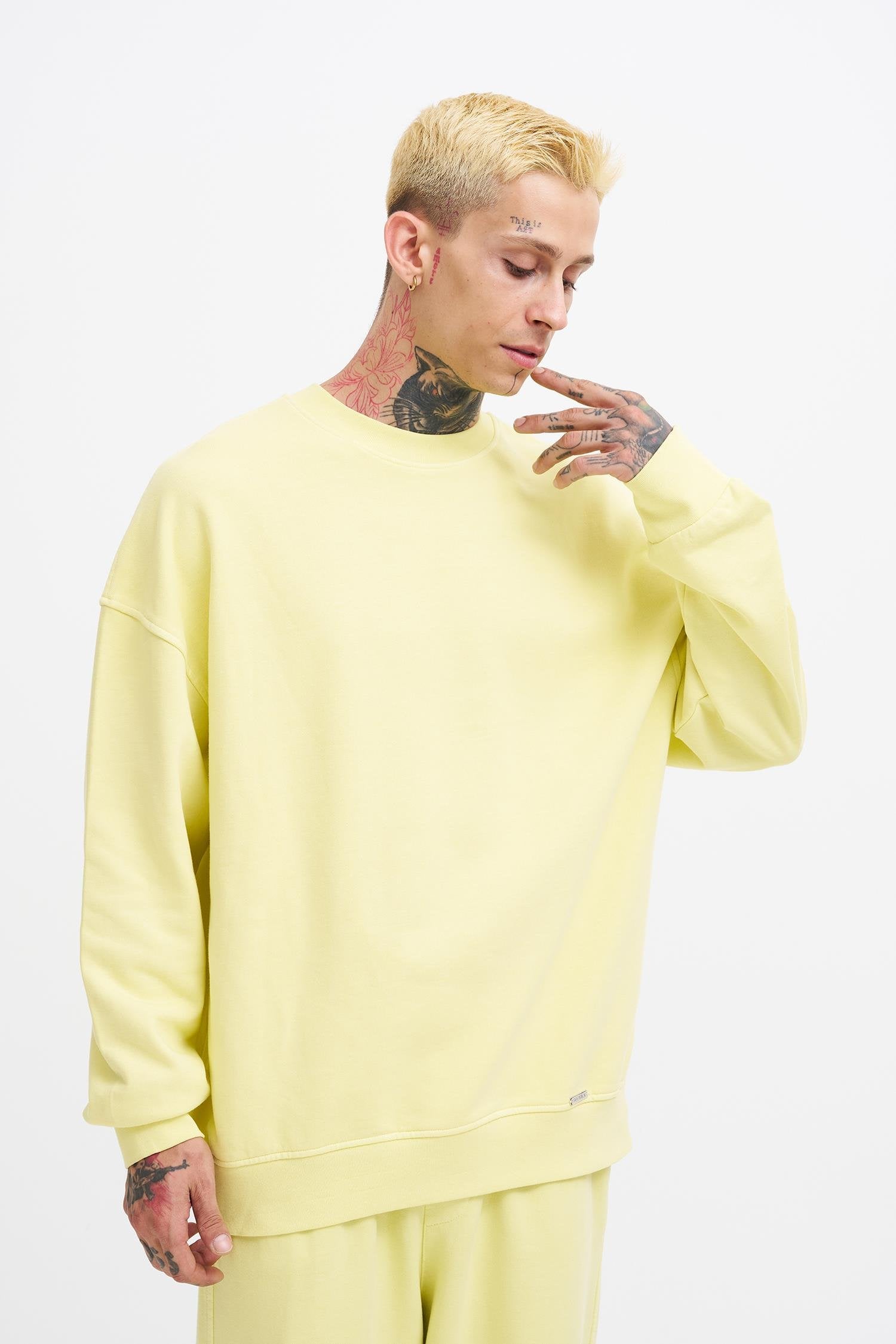 Erkek Yıkamalı Oversize Sweatshirt Açık Sarı