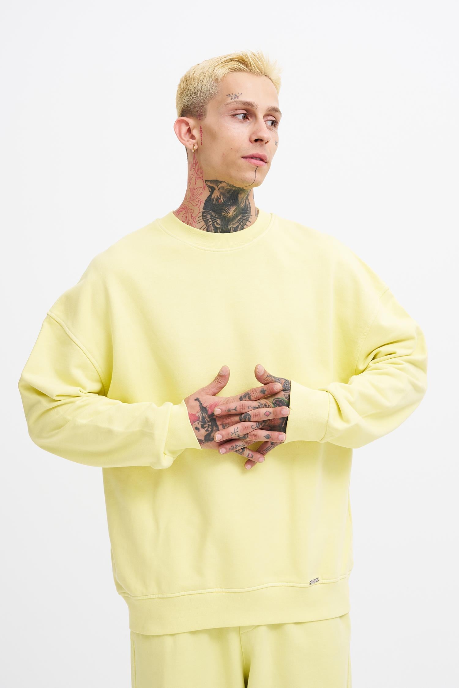 Erkek Yıkamalı Oversize Sweatshirt Açık Sarı