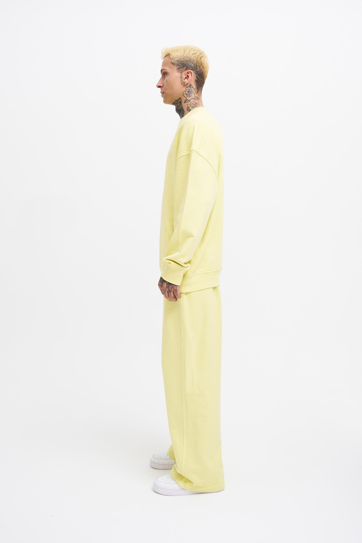 Erkek Yıkamalı Oversize Sweatshirt Açık Sarı
