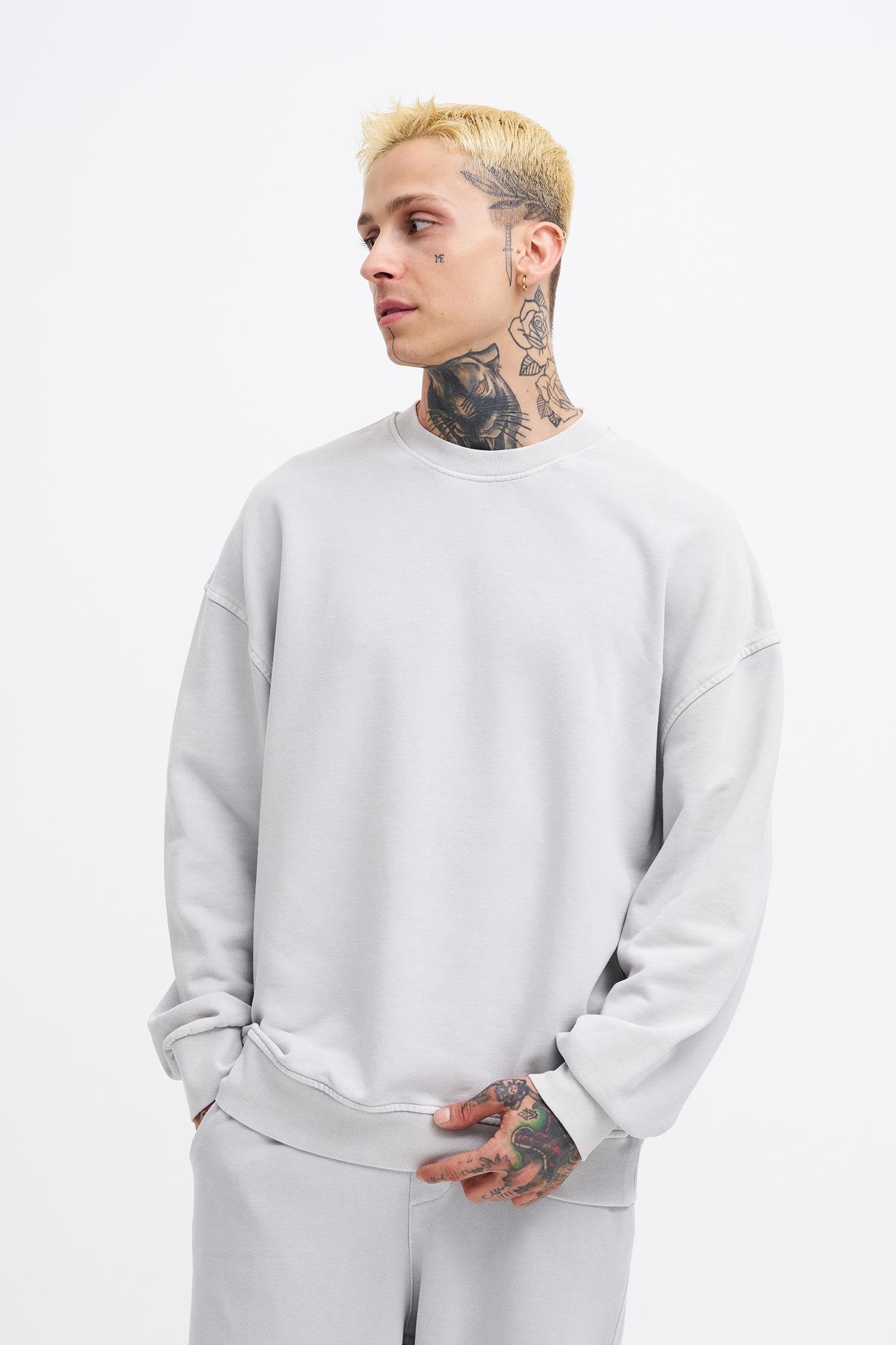 Erkek Yıkamalı Oversize Sweatshirt Gri