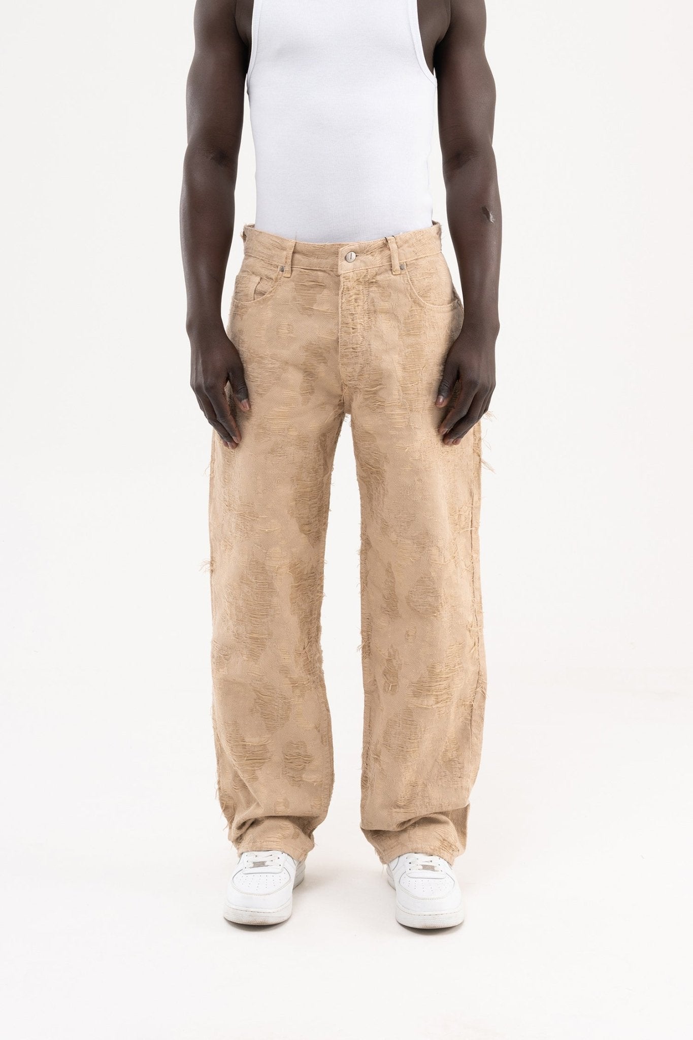 Erkek Yıpranmış Desenli Baggy Jean Pantolon Bej
