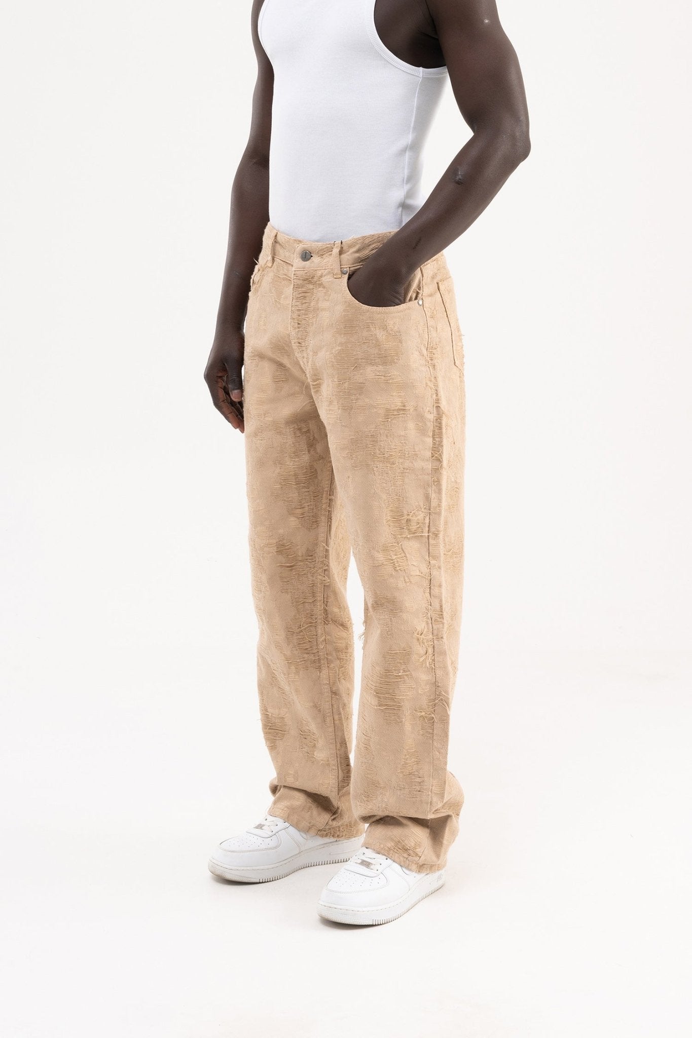 Erkek Yıpranmış Desenli Baggy Jean Pantolon Bej