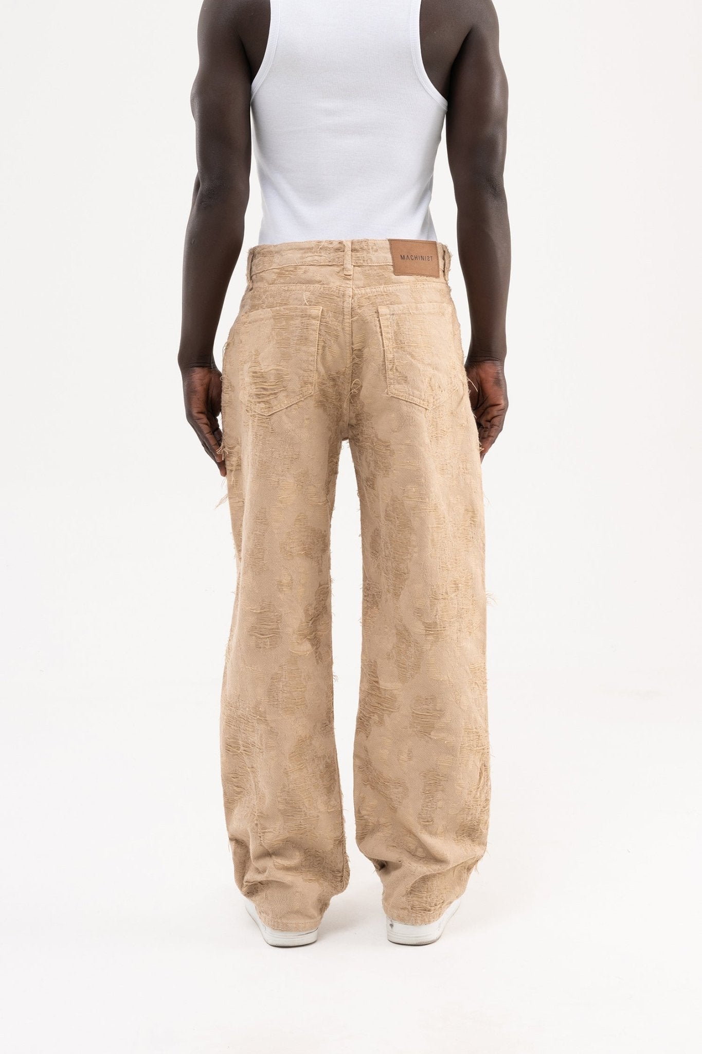 Erkek Yıpranmış Desenli Baggy Jean Pantolon Bej