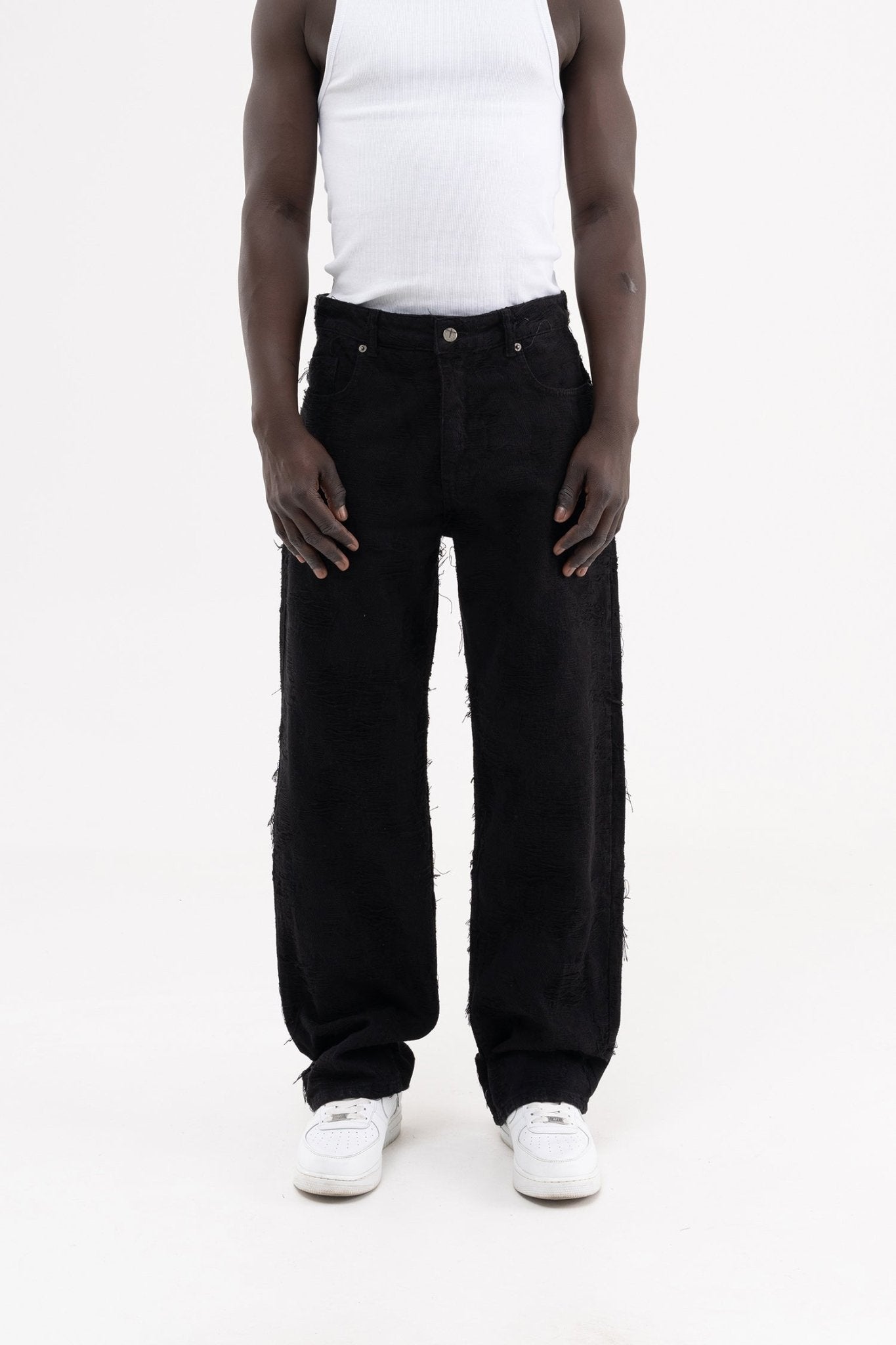 Erkek Yıpranmış Desenli Baggy Jean Pantolon Siyah