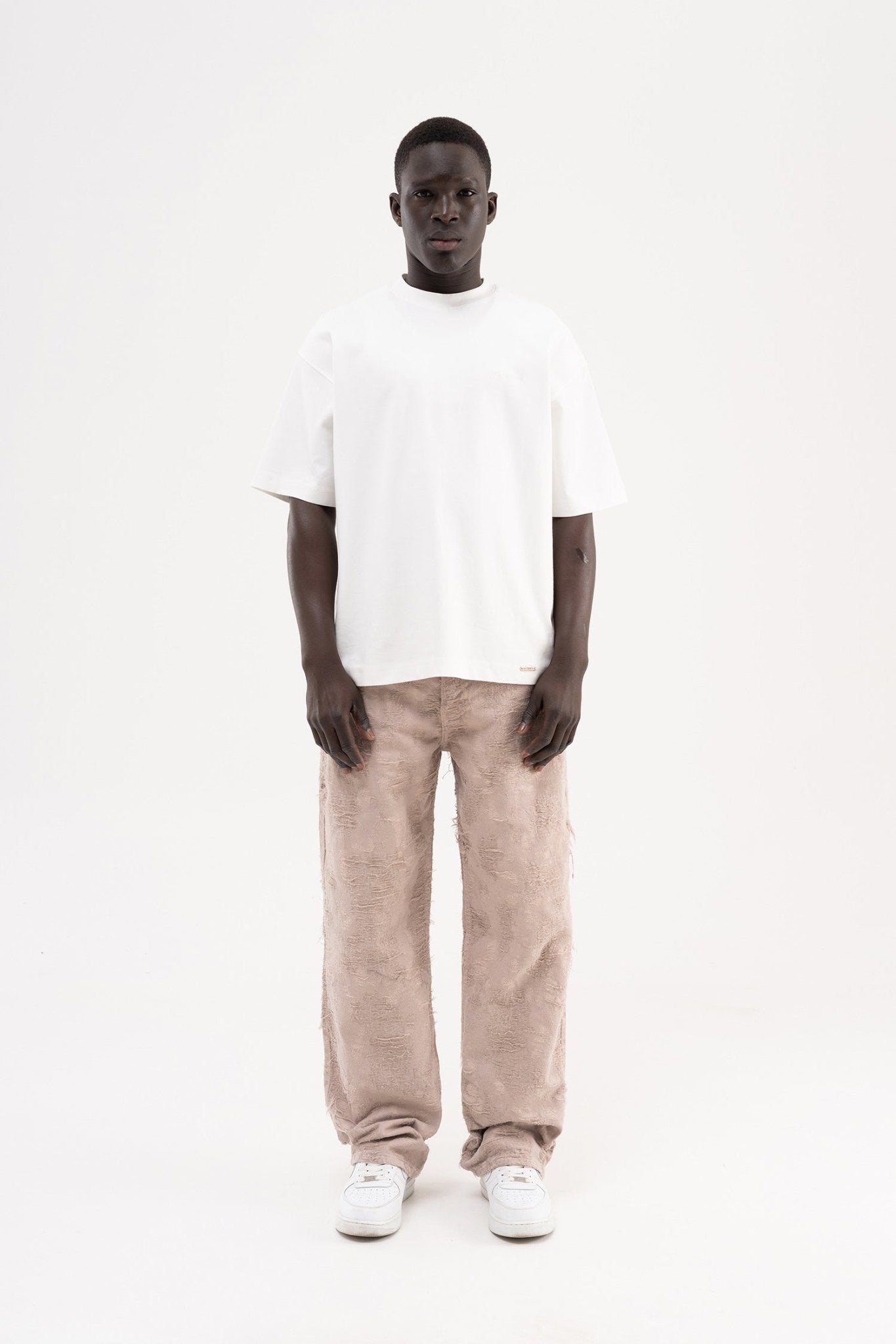 Erkek Yıpranmış Desenli Baggy Jean Pantolon Vizon