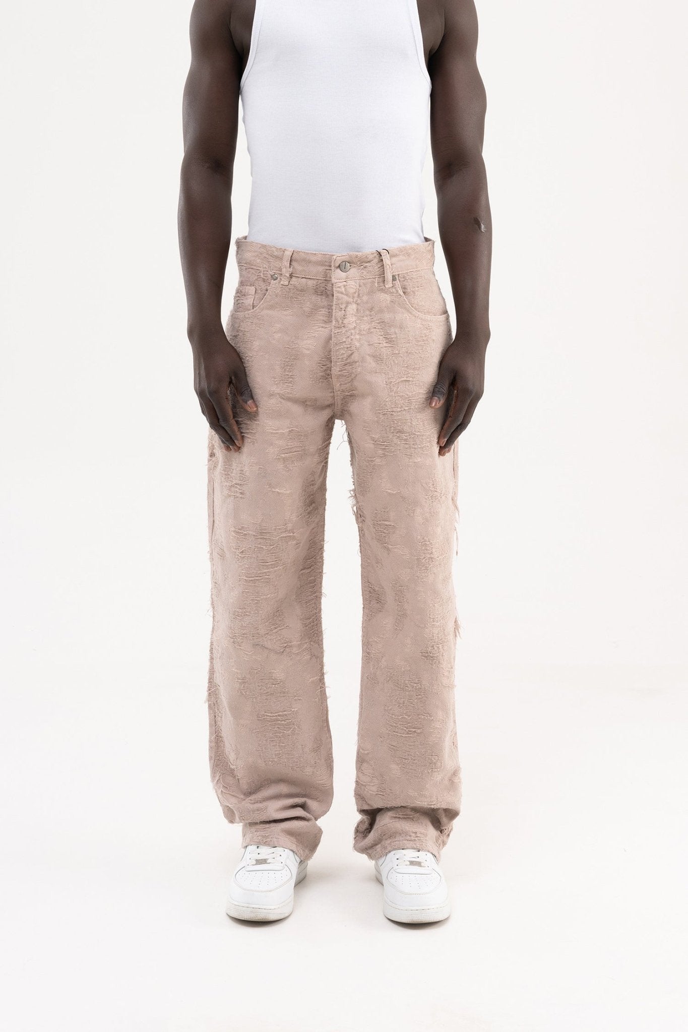 Erkek Yıpranmış Desenli Baggy Jean Pantolon Vizon