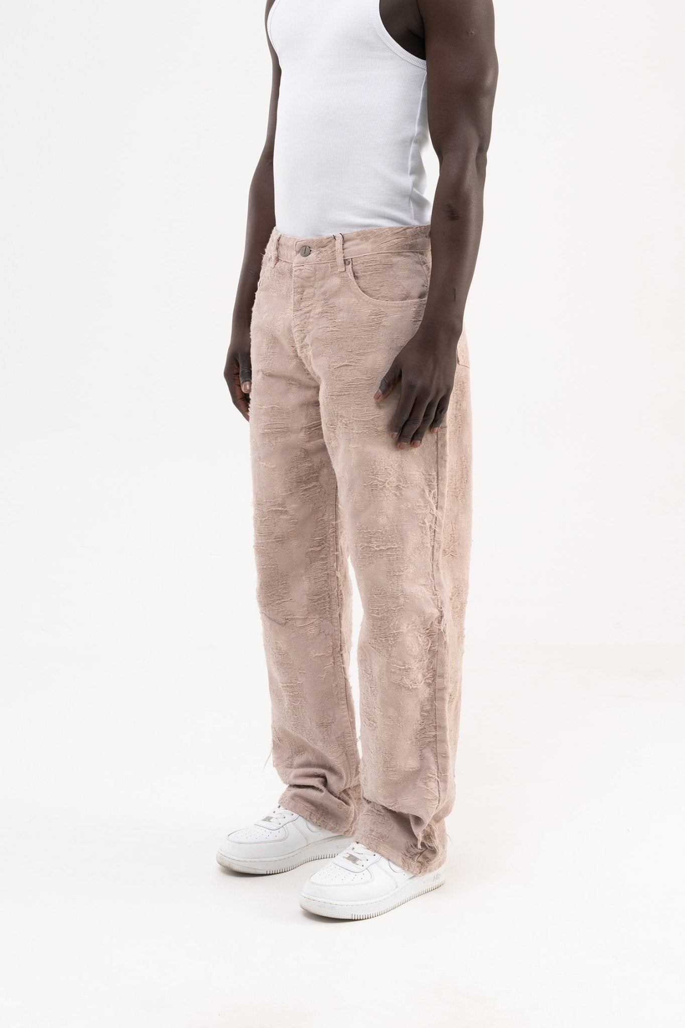 Erkek Yıpranmış Desenli Baggy Jean Pantolon Vizon