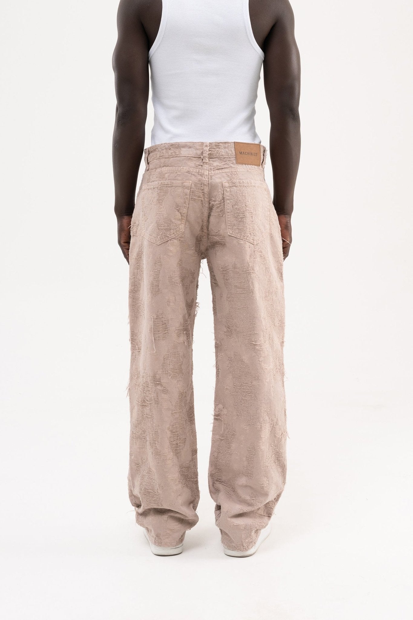 Erkek Yıpranmış Desenli Baggy Jean Pantolon Vizon