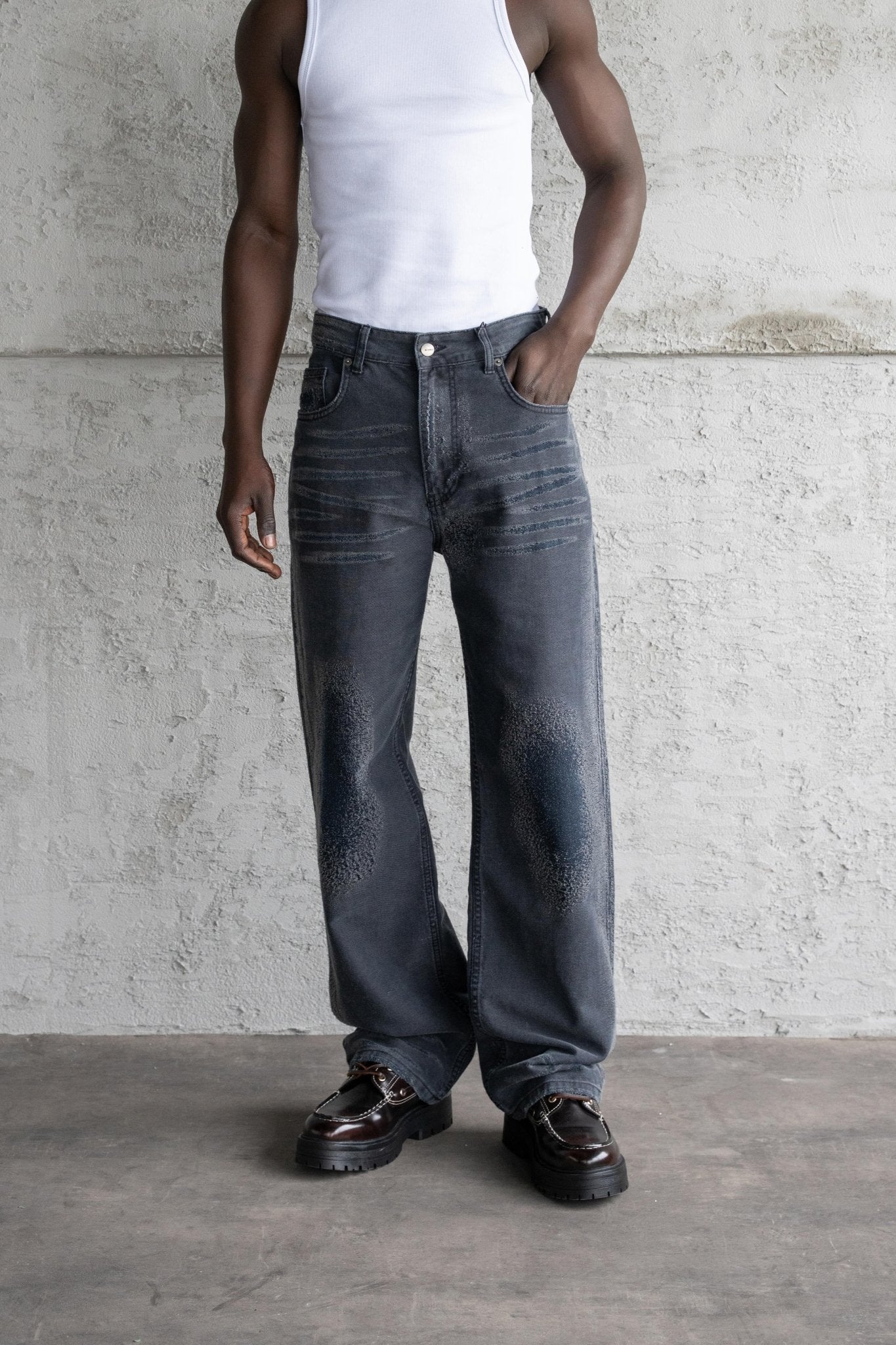 Erkek Yıpratmalı Efektli Baggy Jean Pantolon Siyah