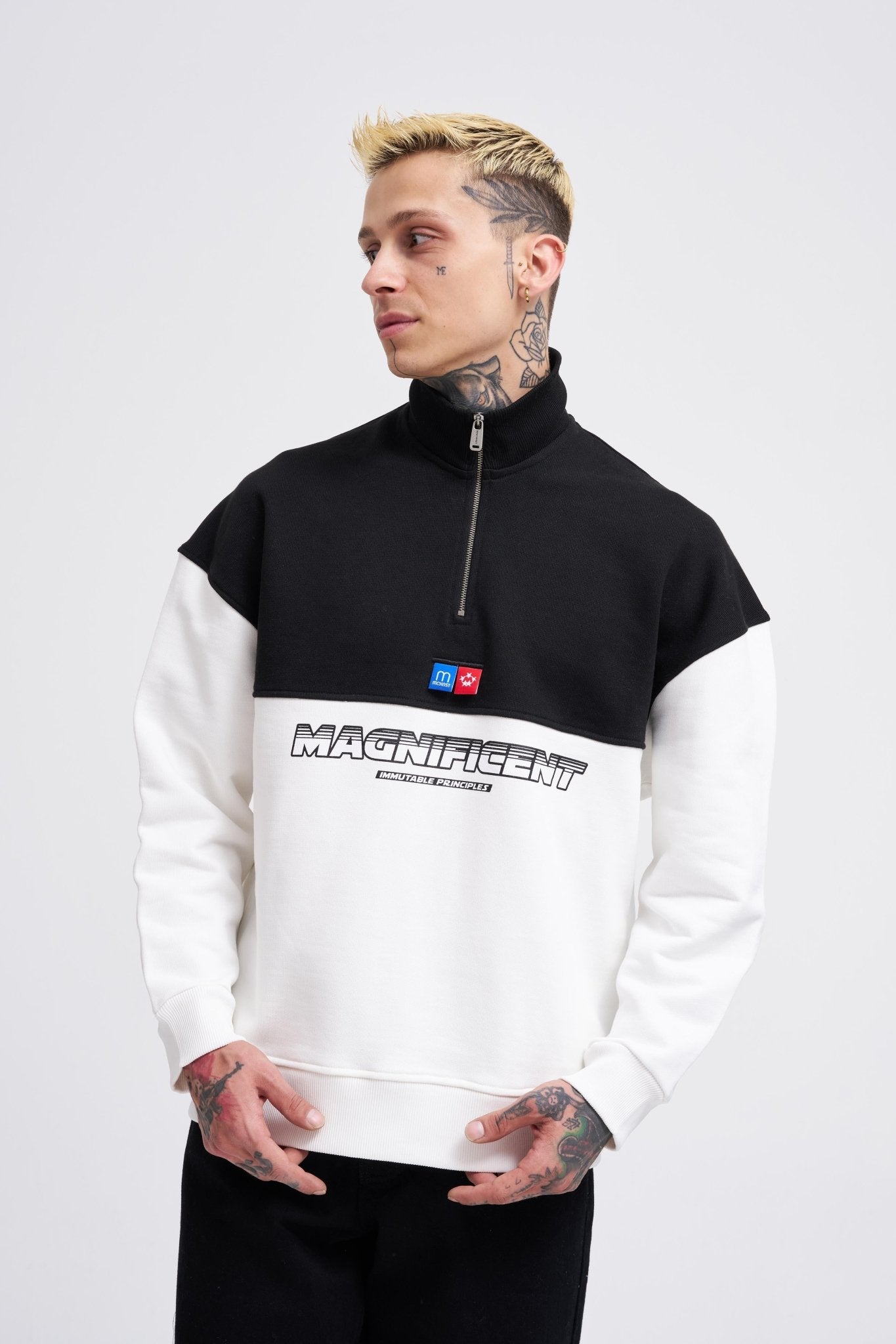 Erkek Yoke Detail Sweatshirt Ekru - Siyah