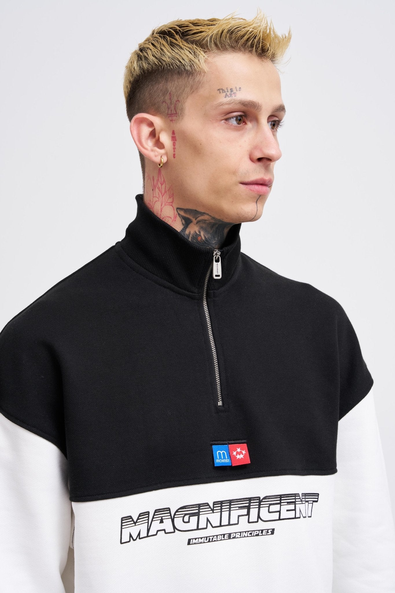 Erkek Yoke Detail Sweatshirt Ekru - Siyah