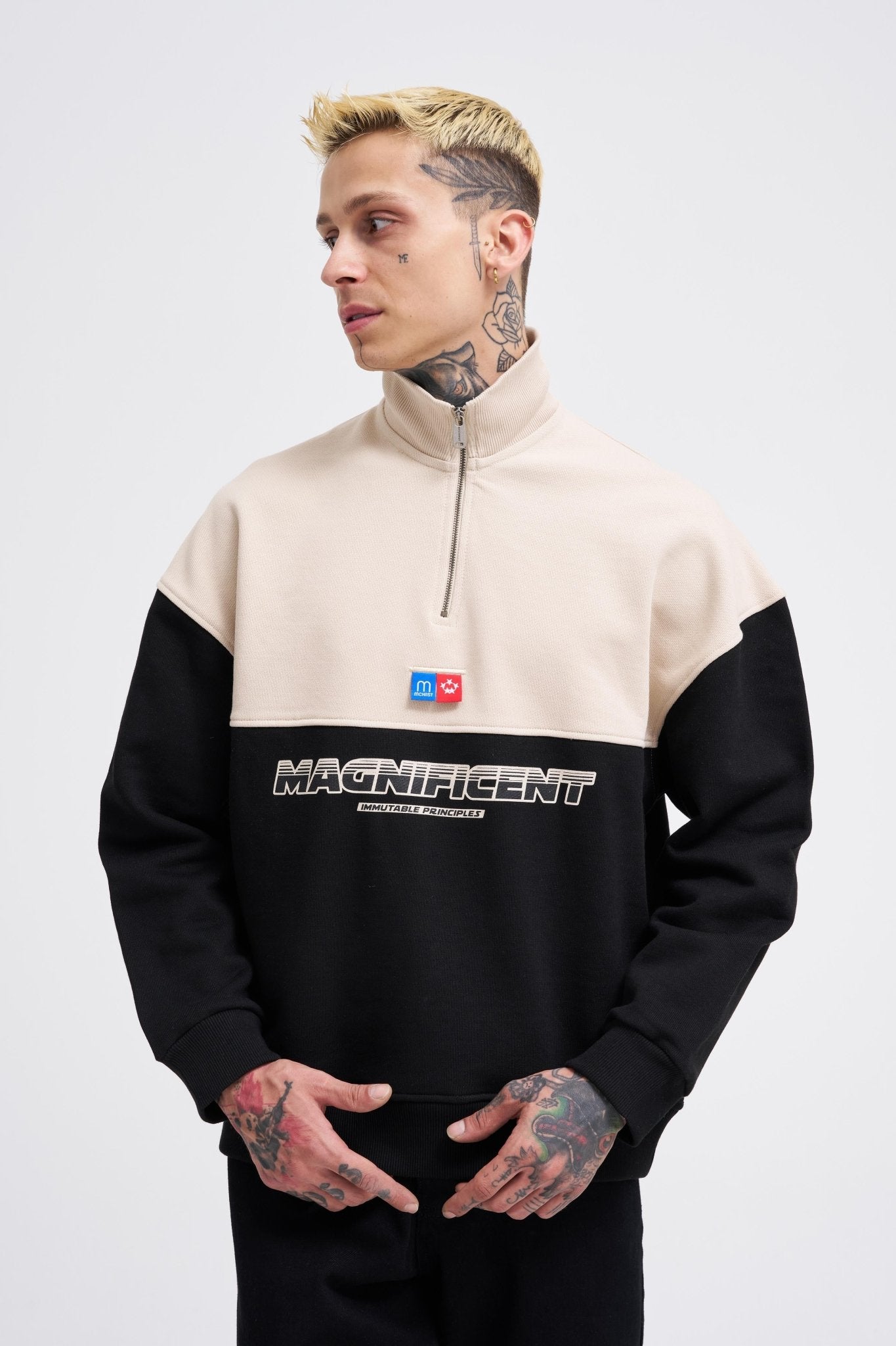 Erkek Yoke Detail Sweatshirt Siyah - Açık Bej