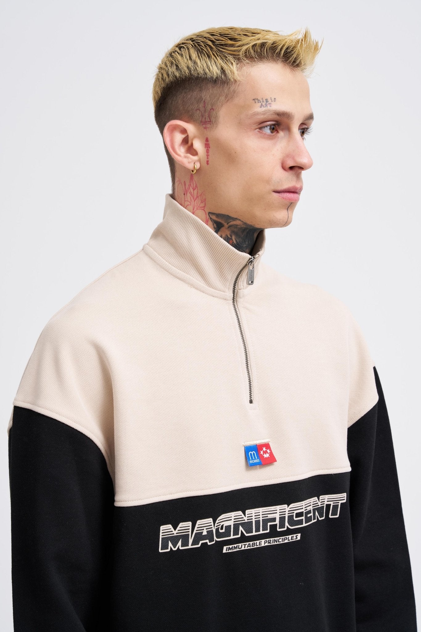 Erkek Yoke Detail Sweatshirt Siyah - Açık Bej