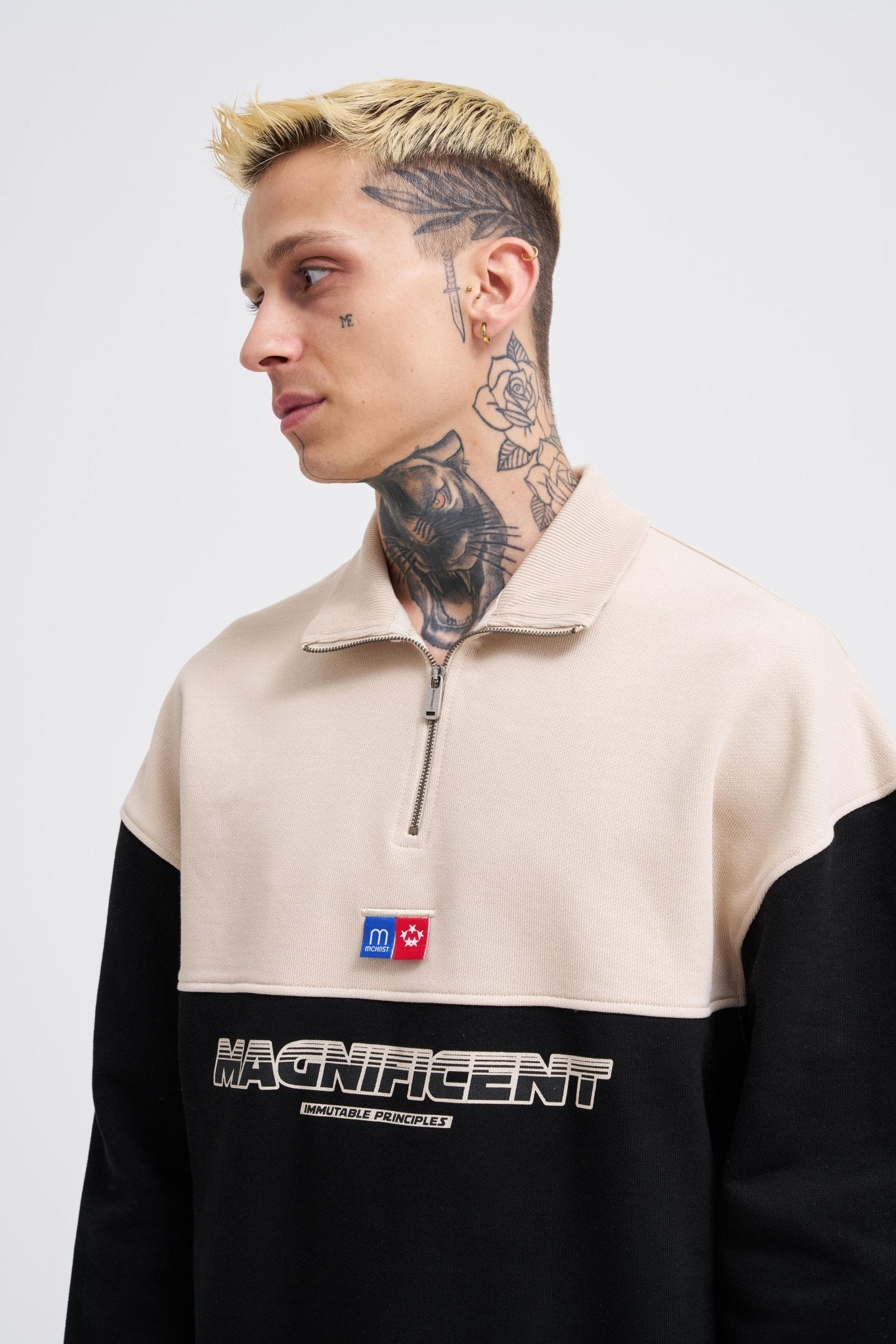 Erkek Yoke Detail Sweatshirt Siyah - Açık Bej