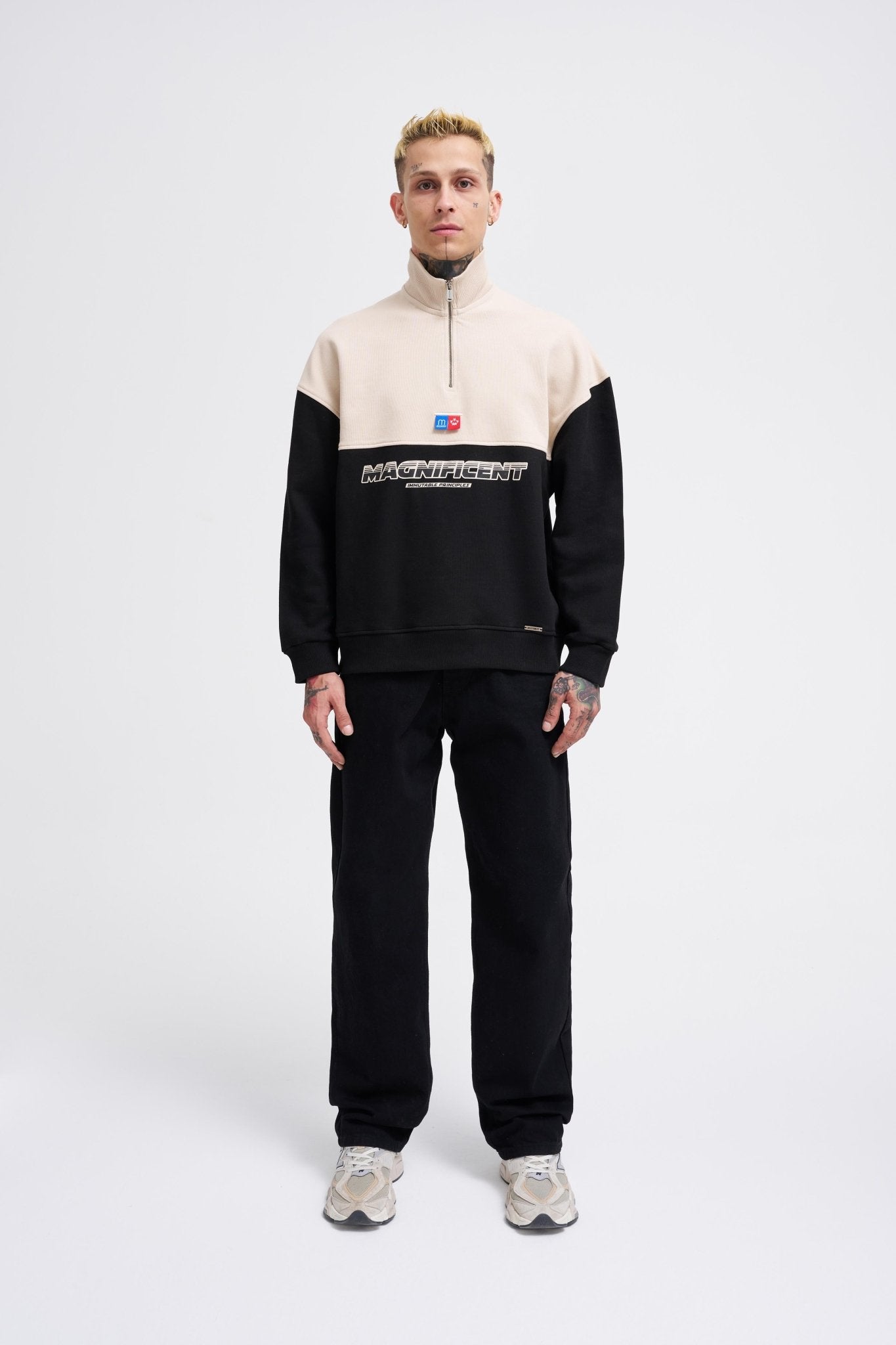 Erkek Yoke Detail Sweatshirt Siyah - Açık Bej