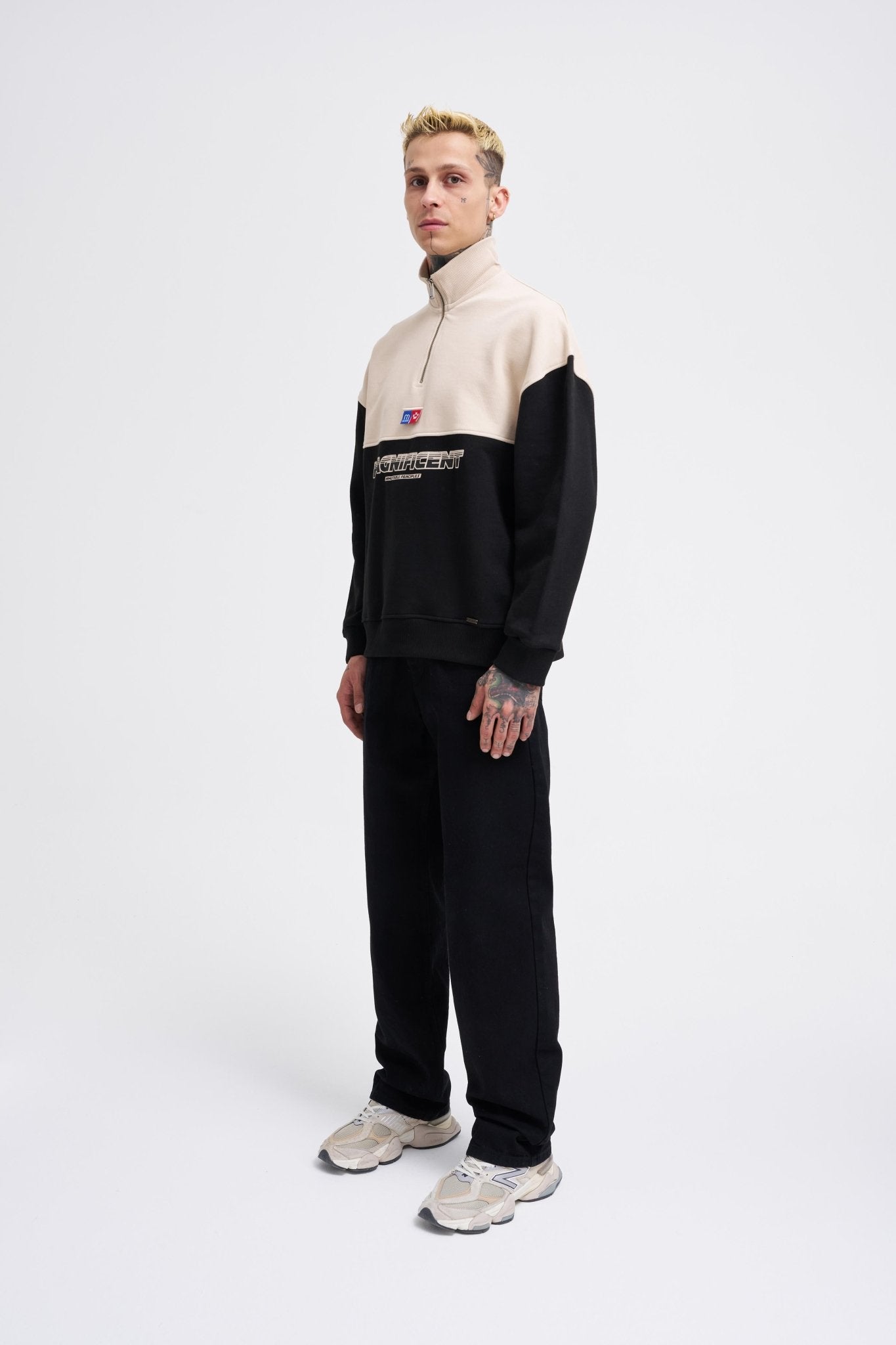 Erkek Yoke Detail Sweatshirt Siyah - Açık Bej