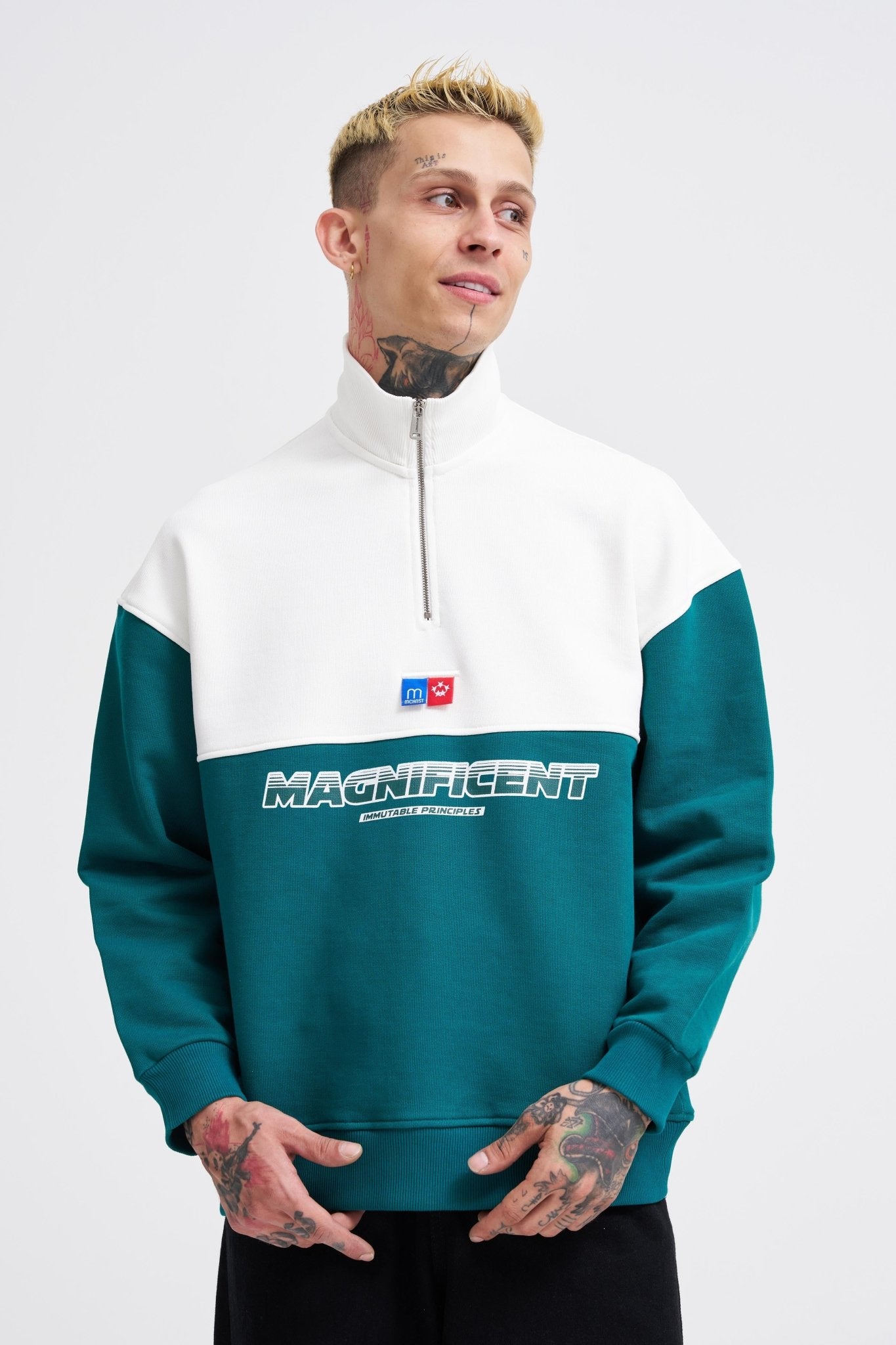 Erkek Yoke Detail Sweatshirt Yağ Yeşili - Ekru