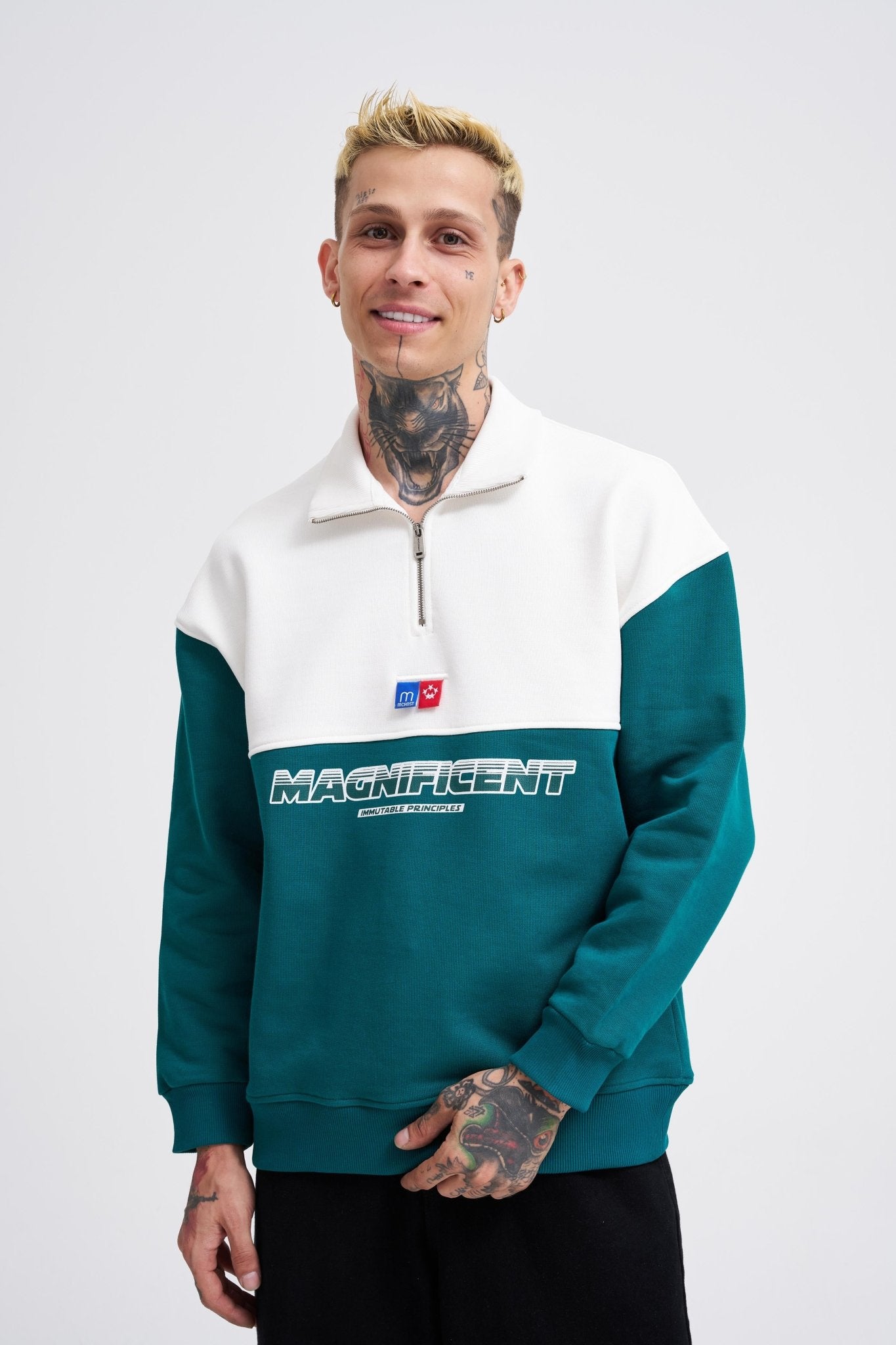 Erkek Yoke Detail Sweatshirt Yağ Yeşili - Ekru