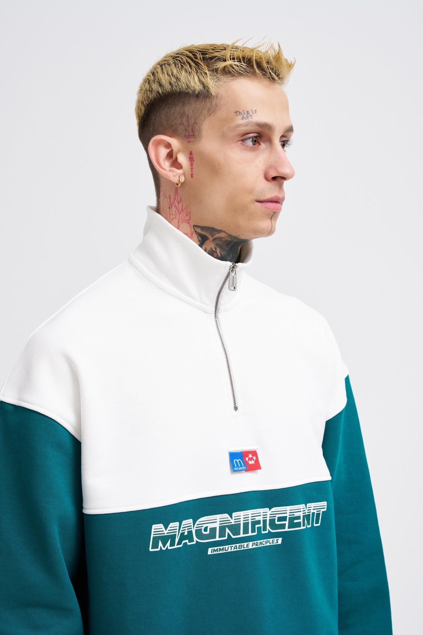 Erkek Yoke Detail Sweatshirt Yağ Yeşili - Ekru
