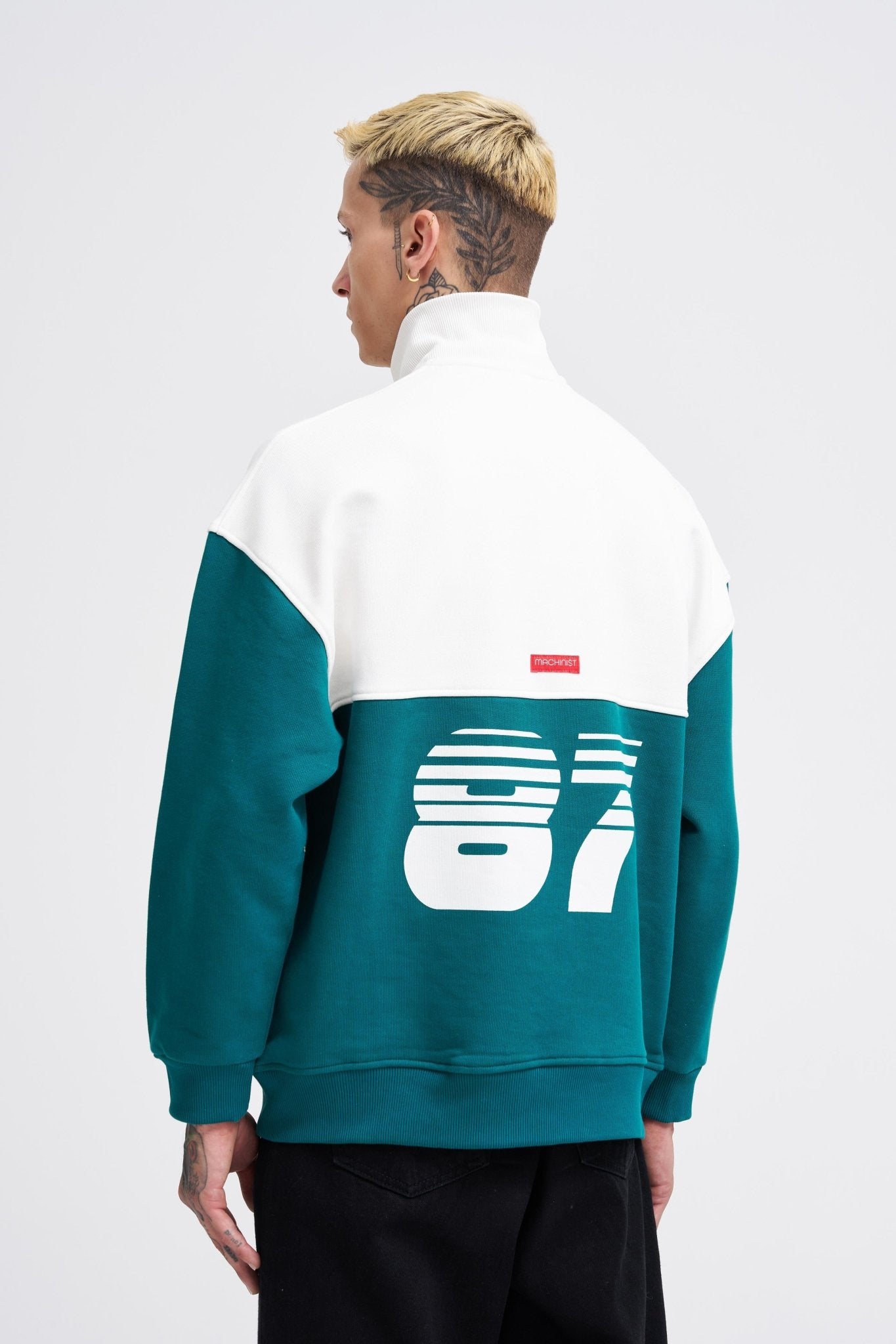 Erkek Yoke Detail Sweatshirt Yağ Yeşili - Ekru