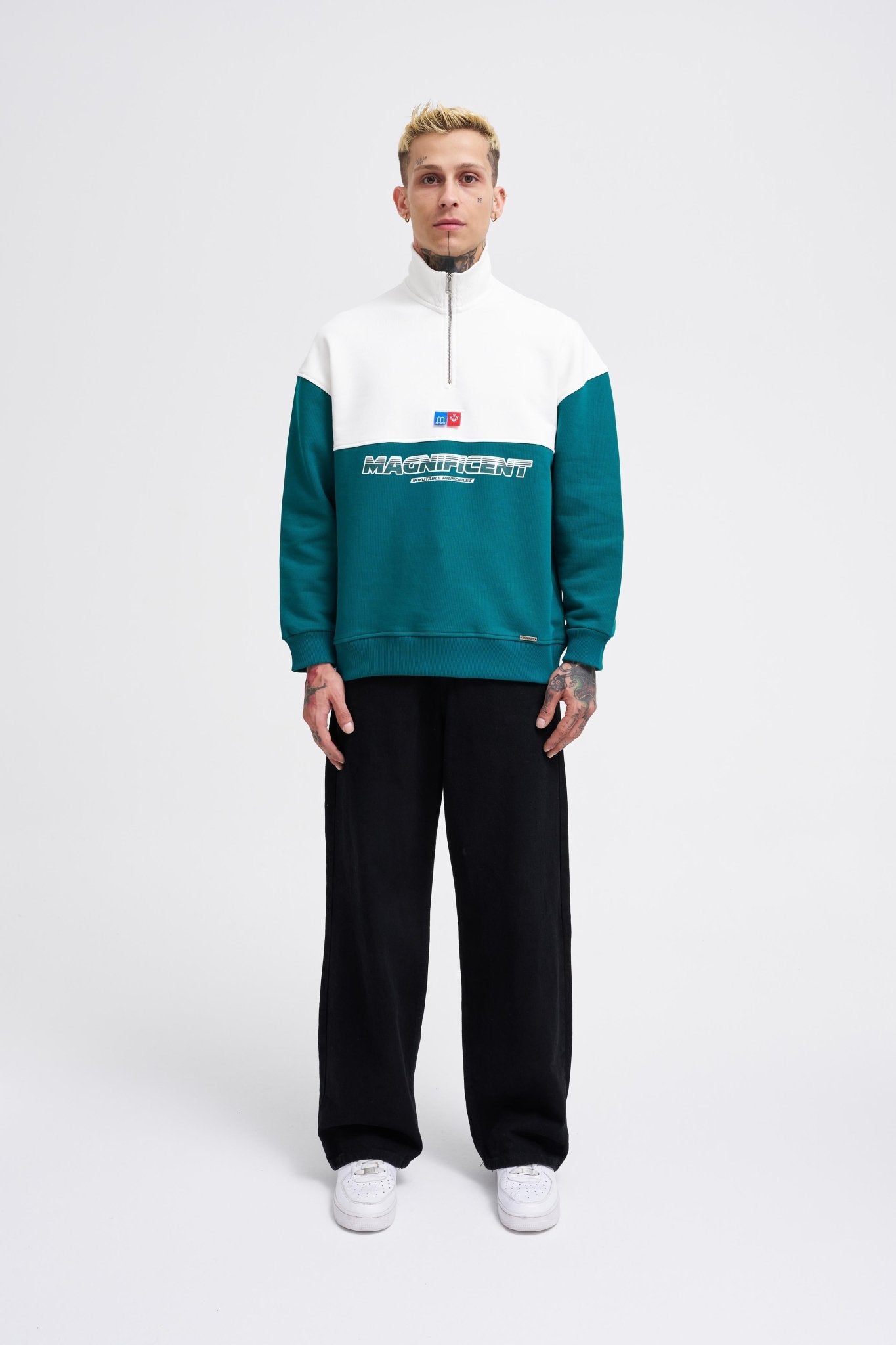 Erkek Yoke Detail Sweatshirt Yağ Yeşili - Ekru