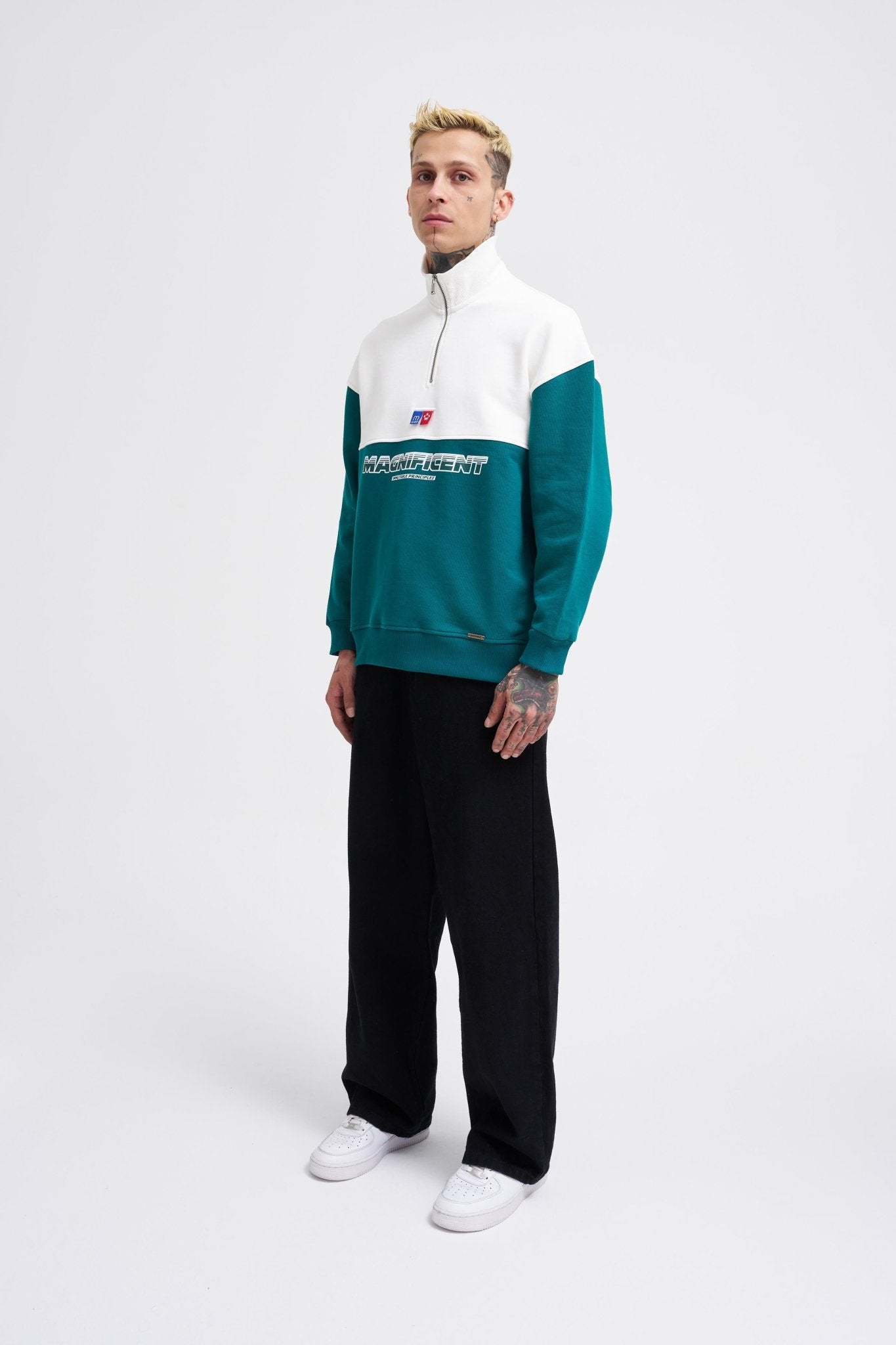 Erkek Yoke Detail Sweatshirt Yağ Yeşili - Ekru