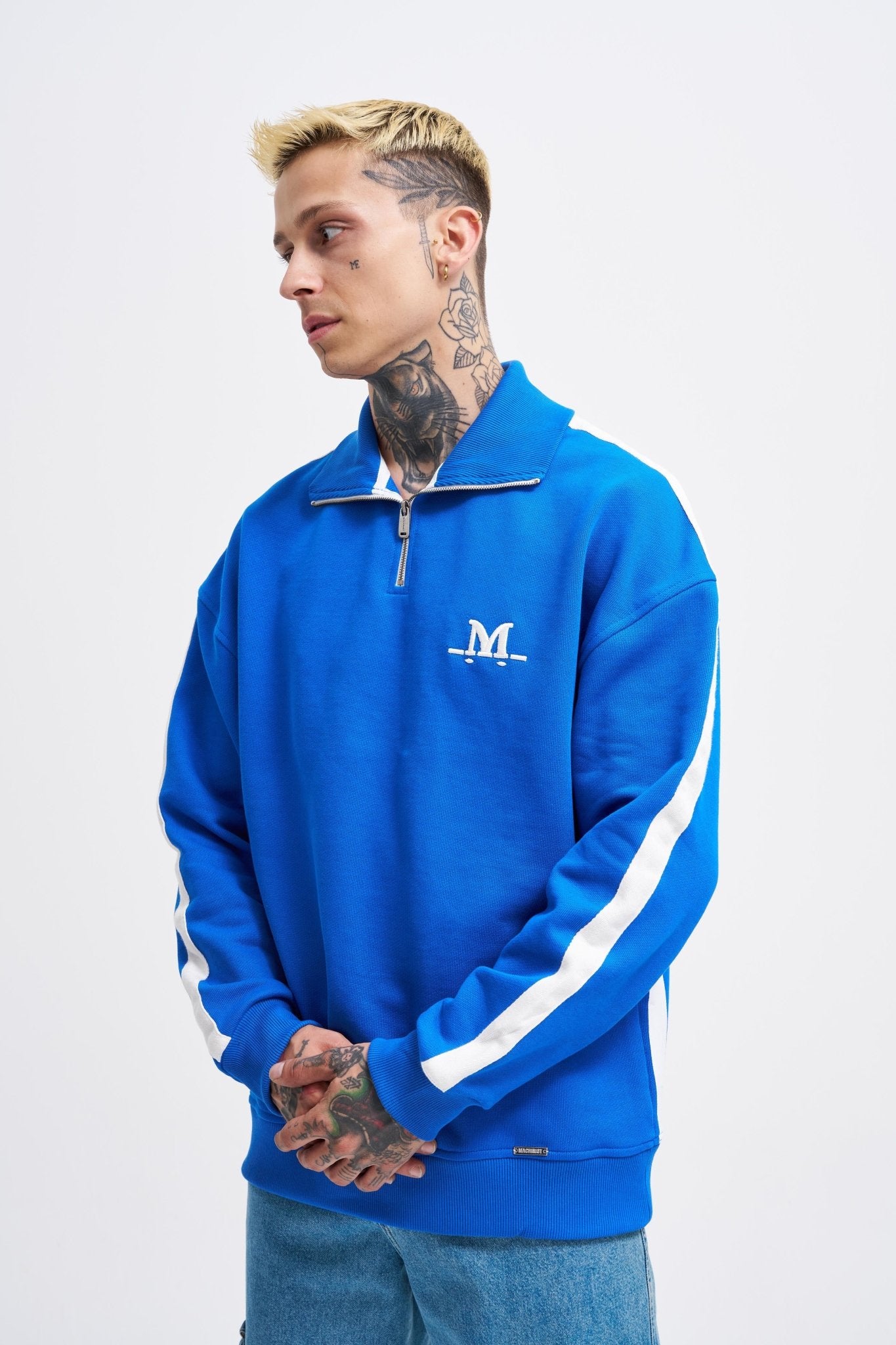 Erkek Yüksek Yaka Baskılı Fermuarlı Sweatshirt Açık Mavi