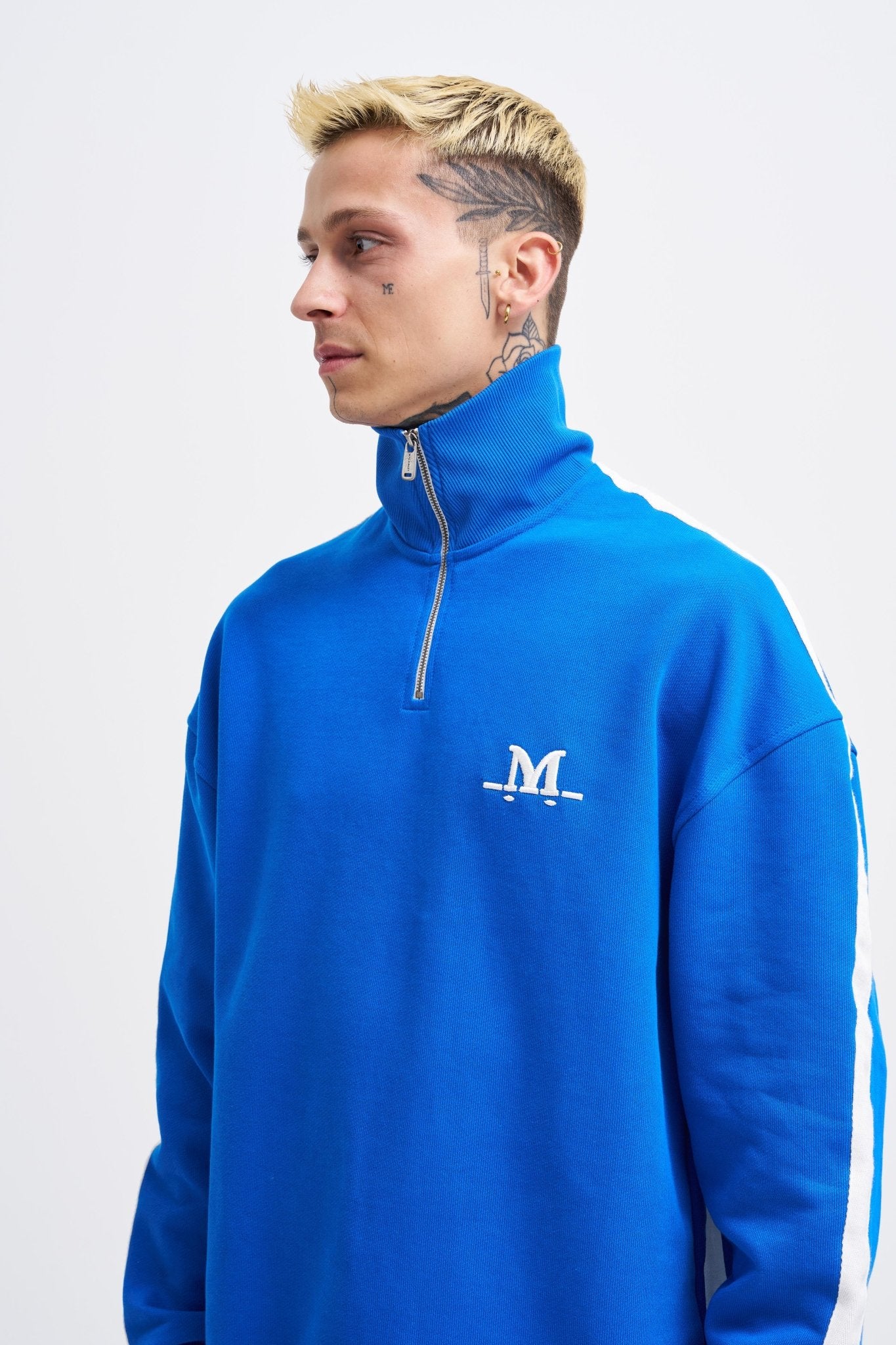 Erkek Yüksek Yaka Baskılı Fermuarlı Sweatshirt Açık Mavi