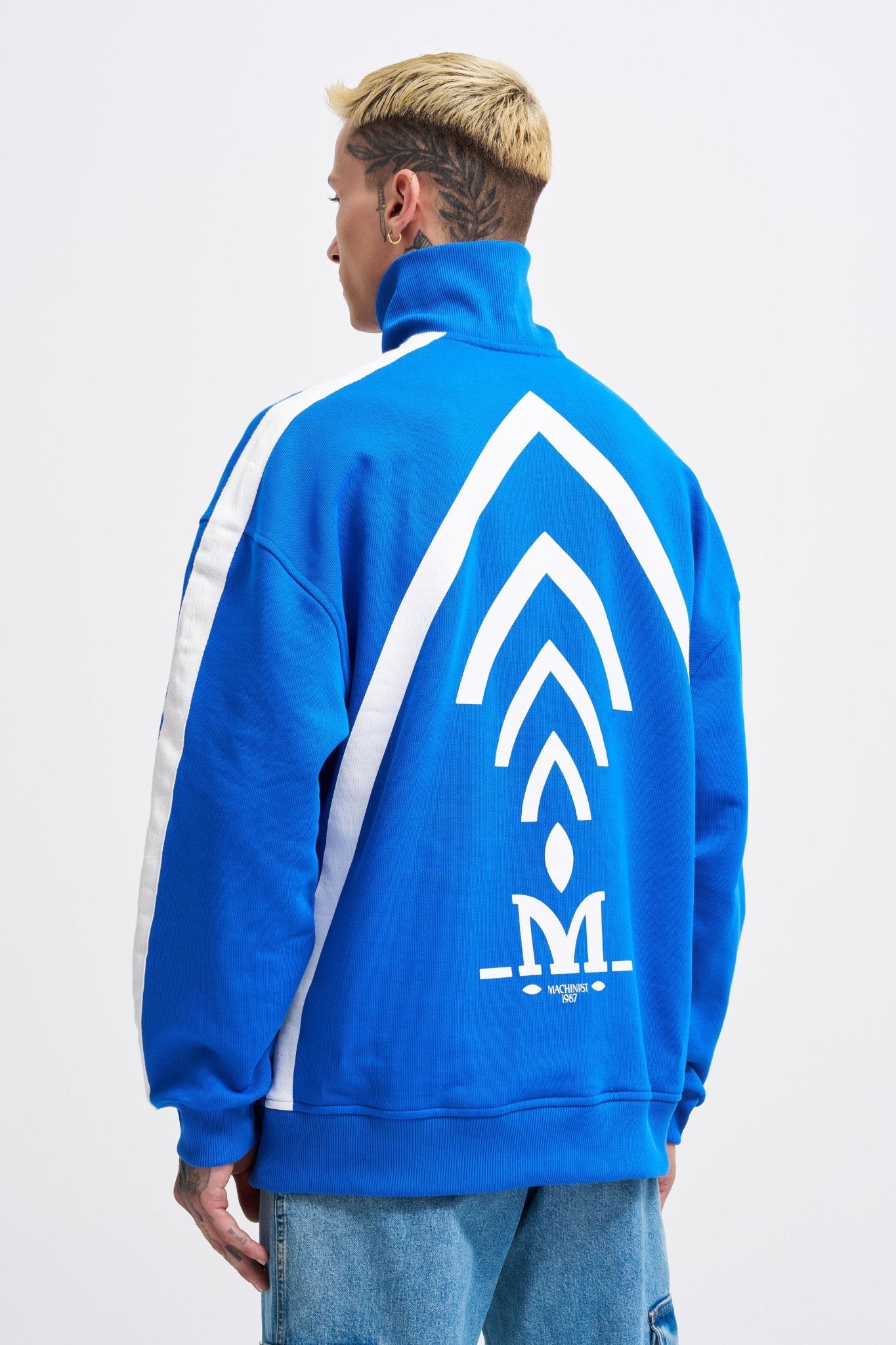 Erkek Yüksek Yaka Baskılı Fermuarlı Sweatshirt Açık Mavi