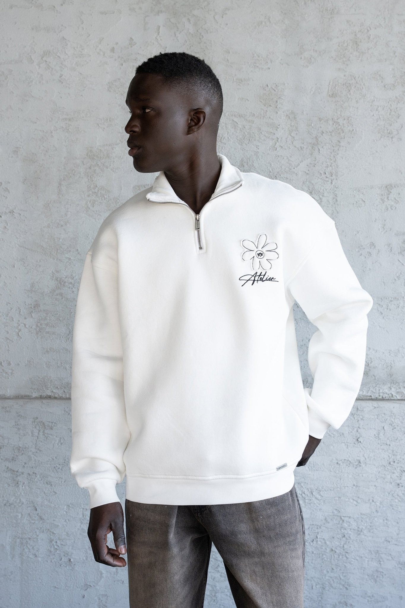 Erkek Flower Embroidered High Neck Sweatshirt Ekru
