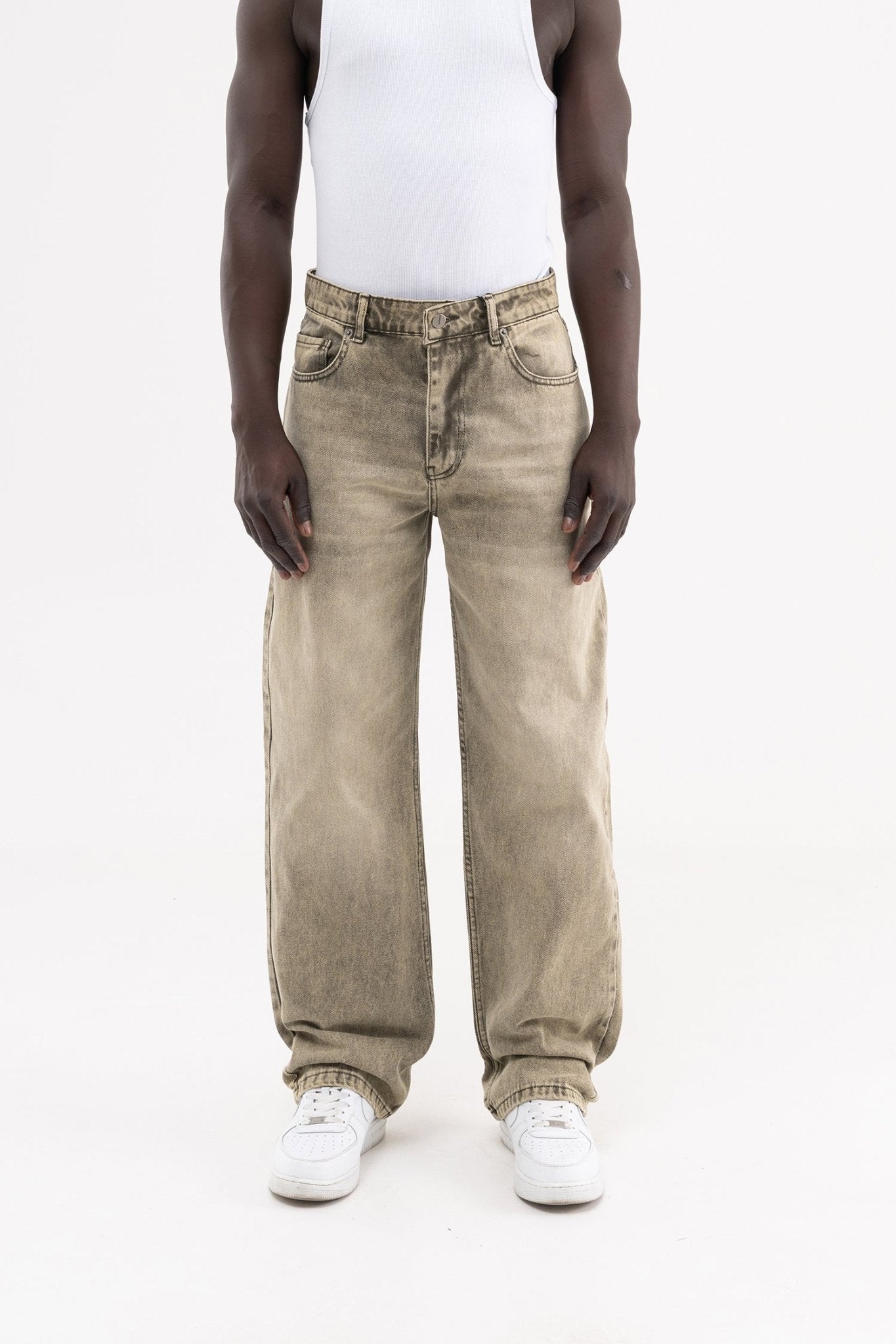 Erkek Efektli Yıkamalı Baggy Jean Pantolon Haki