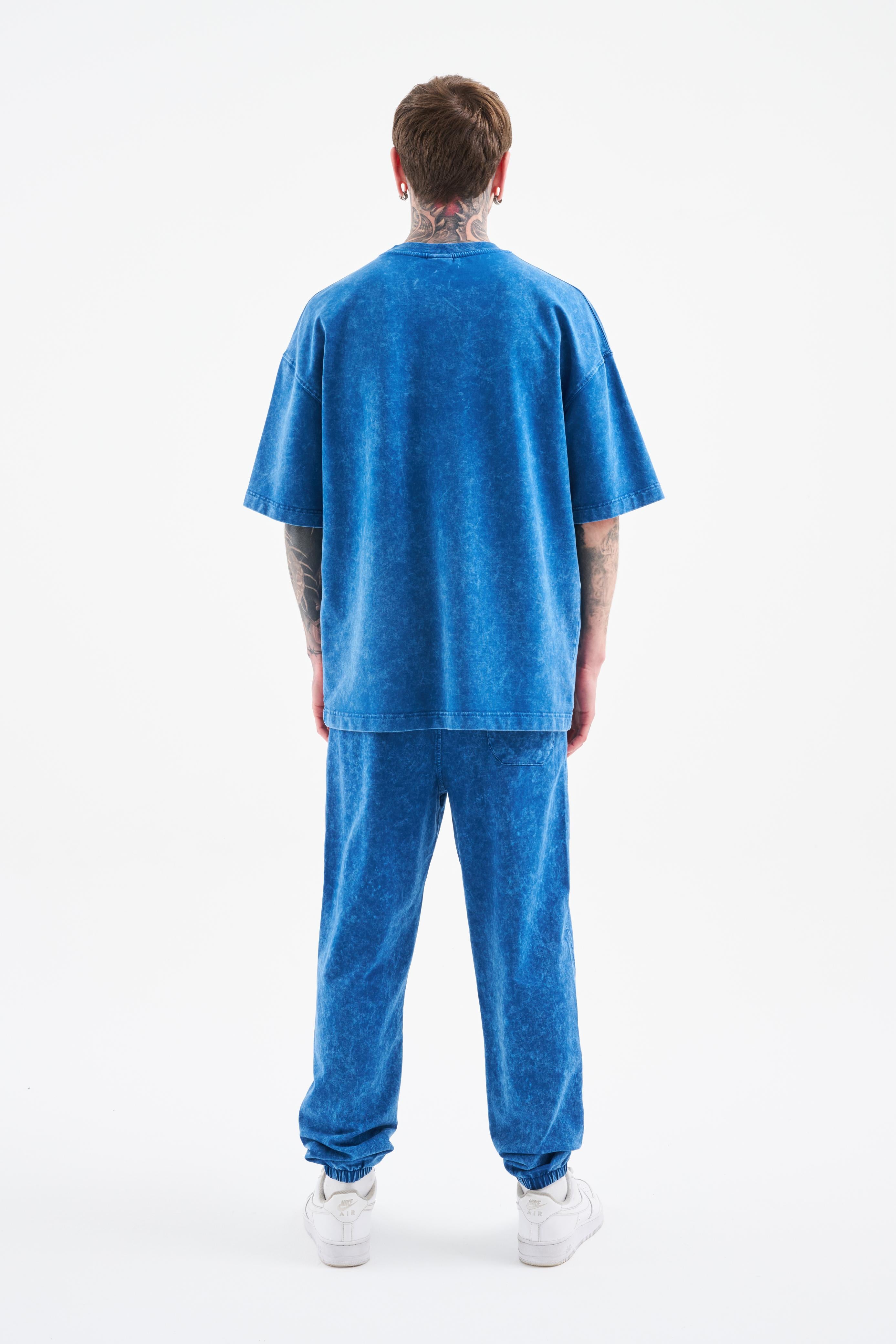 Erkek Degrade Yıkamalı Oversize Tişört Indigo Efektli-5