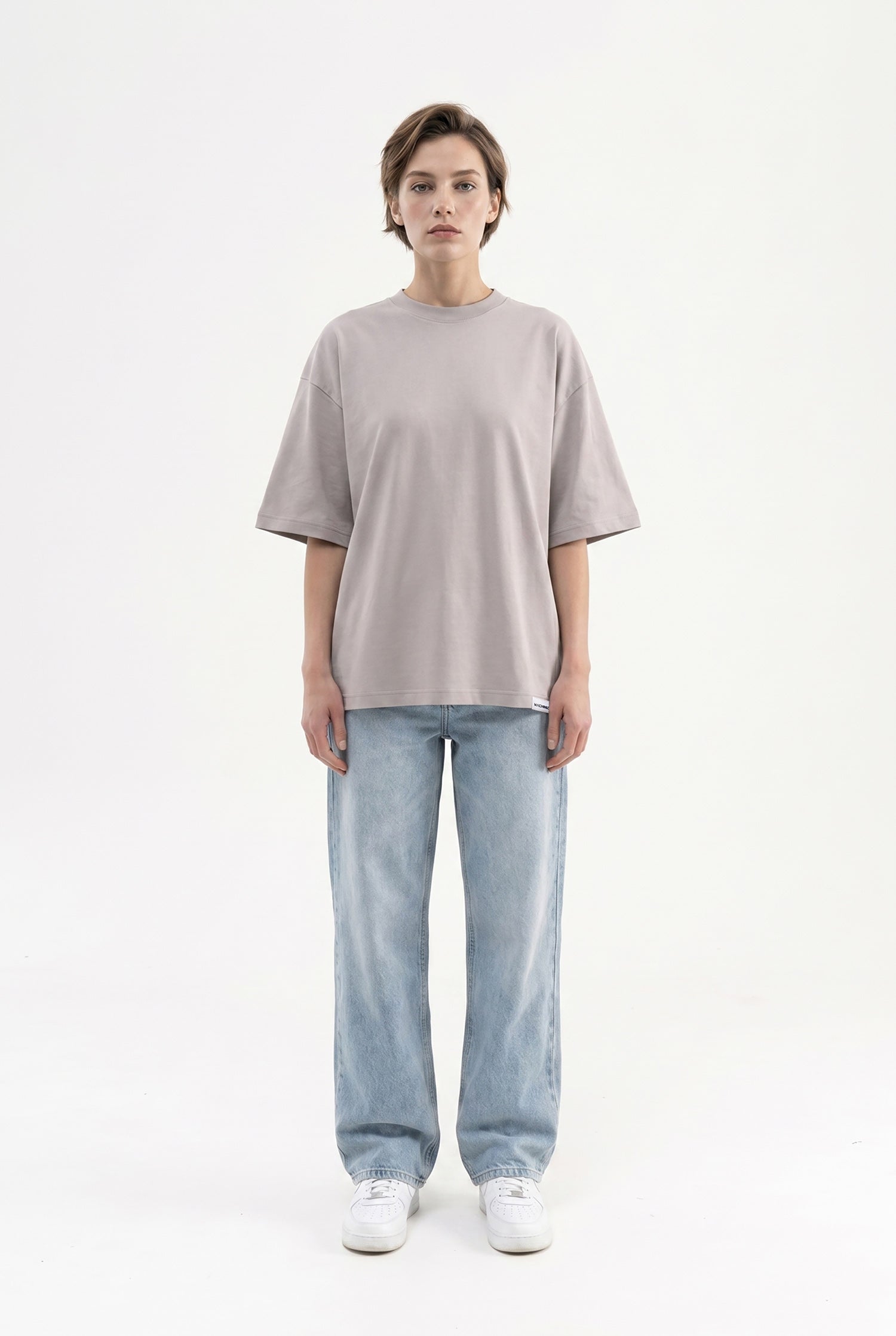 Kadın Basic Oversize Pamuklu Süprem T-Shirt Açık Gri-4